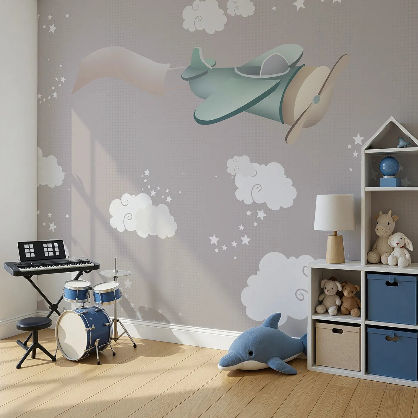 Angled view of Whimsy Tots' Starry Sky Banner Plane Wall Mural (Turn Their Room into a Gentle, High-Flying Dream).Gender-Neutral