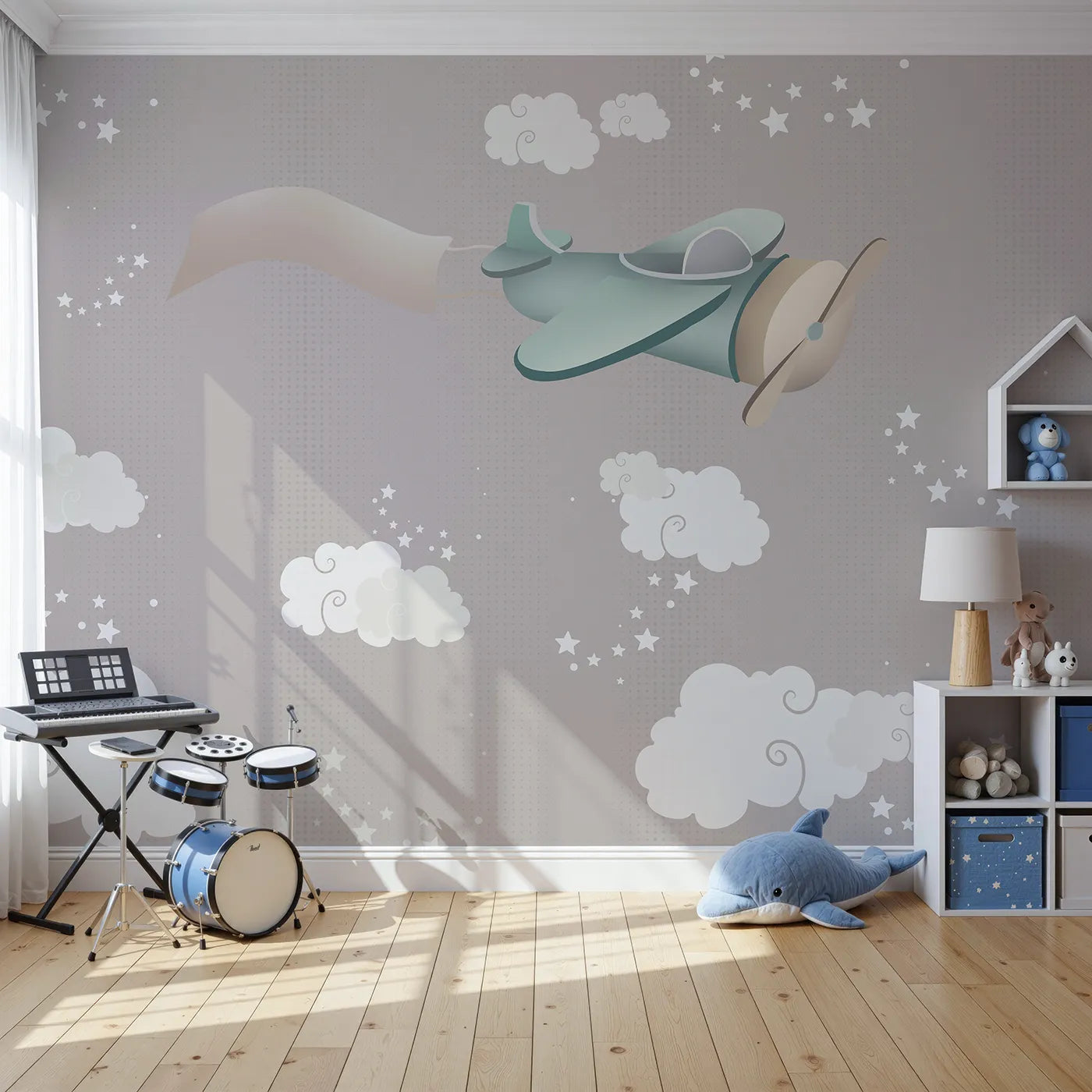 Front view of Whimsy Tots' Starry Sky Banner Plane Wall Mural