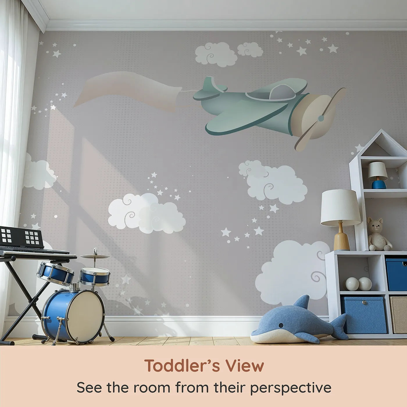 Whimsy Tots Starry Sky Banner Plane Wall Mural (Turn Their Room into a Gentle, High-Flying Dream) from your child's view.Gender-Neutral
