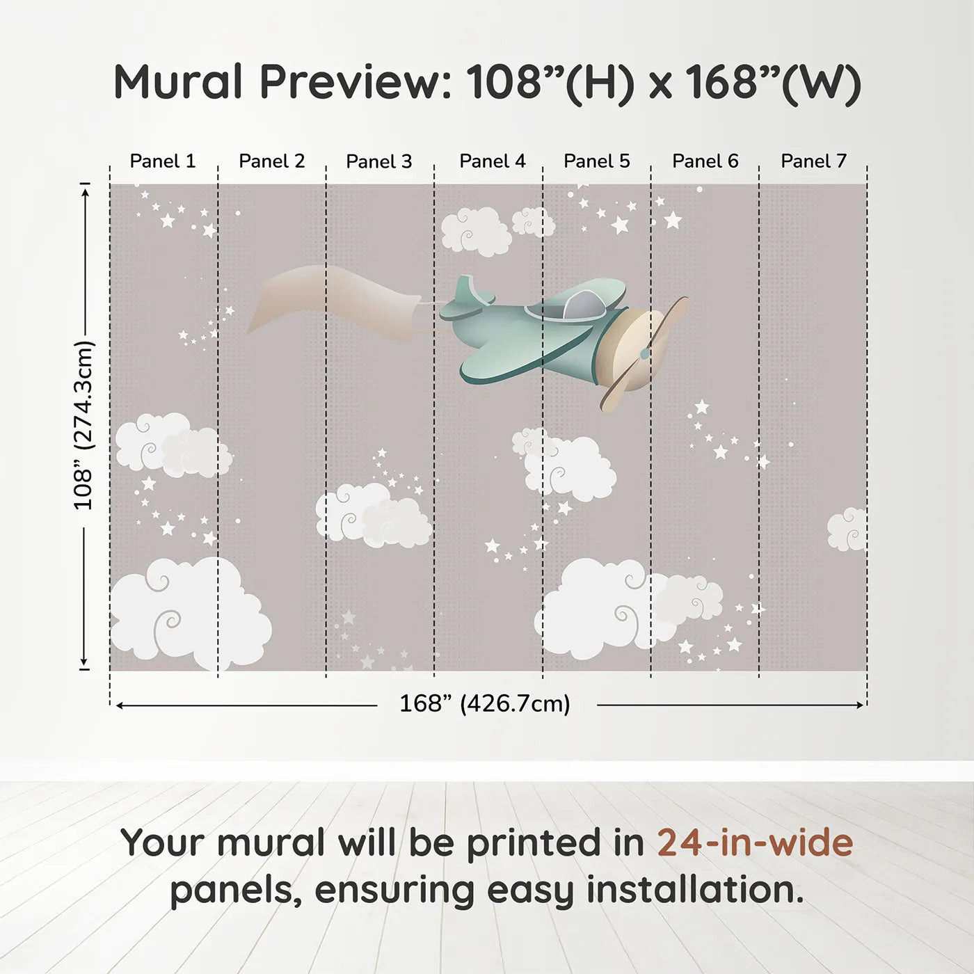 Whimsy Tots Starry Sky Banner Plane Wall Muraldimension view (108" H x 168" W). Printed in seven 24-inch-wide panels. Gender-Neutral