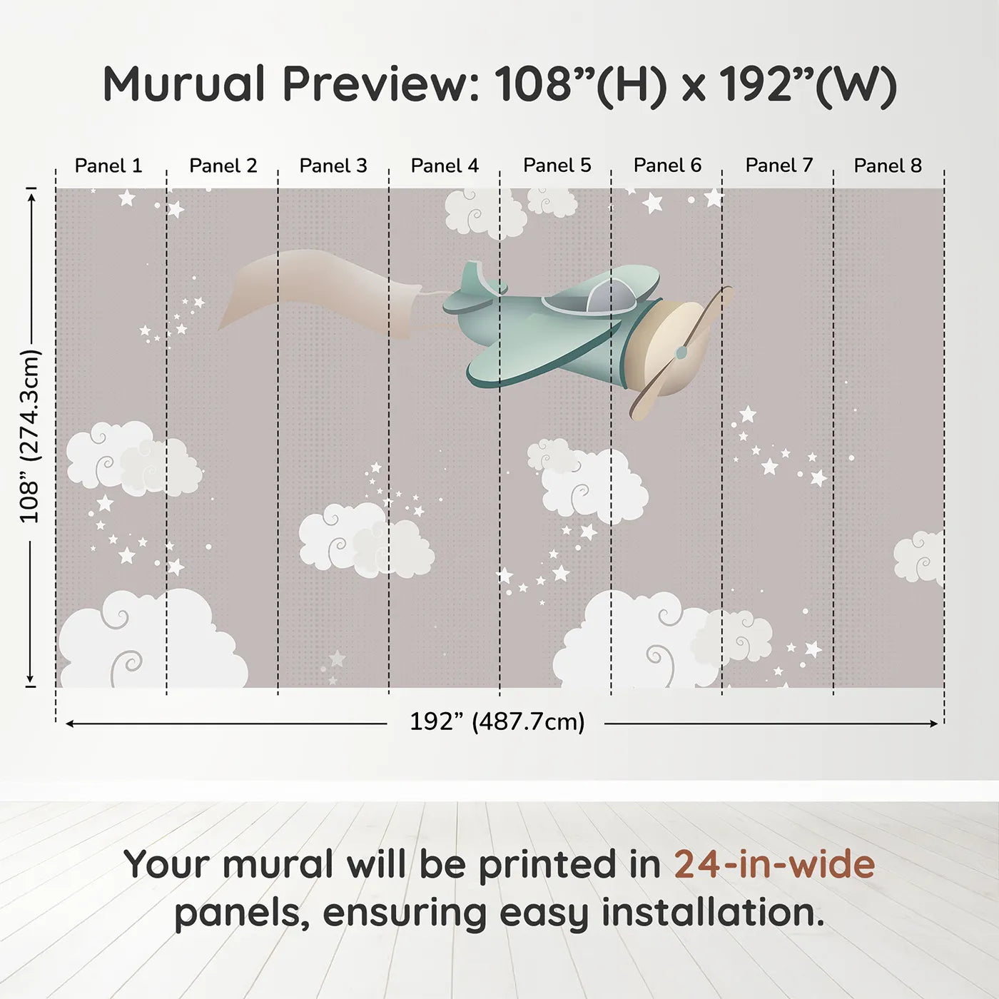 Whimsy Tots Starry Sky Banner Plane Wall Muraldimension view (108" H x 192" W). Printed in eight 24-inch-wide panels. Gender-Neutral