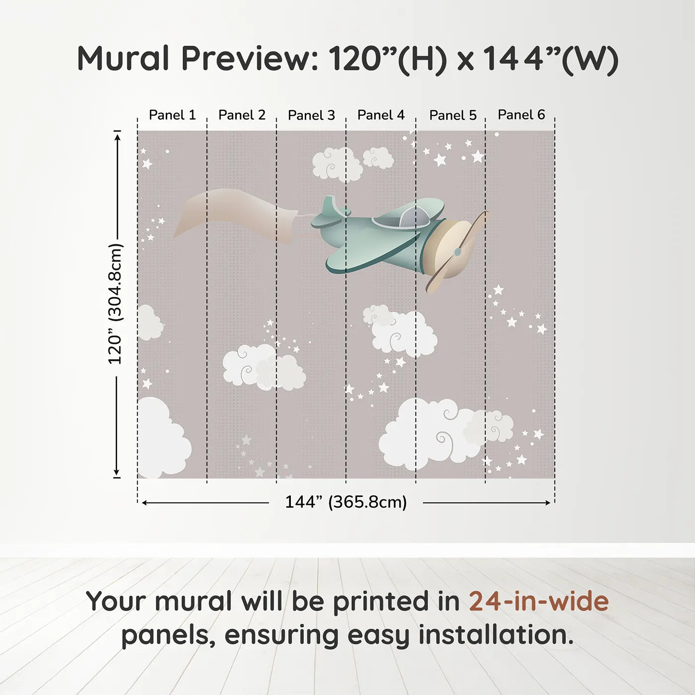 Whimsy Tots Starry Sky Banner Plane Wall Muraldimension view (120" H x 144" W). Printed in six 24-inch-wide panels. Gender-Neutral