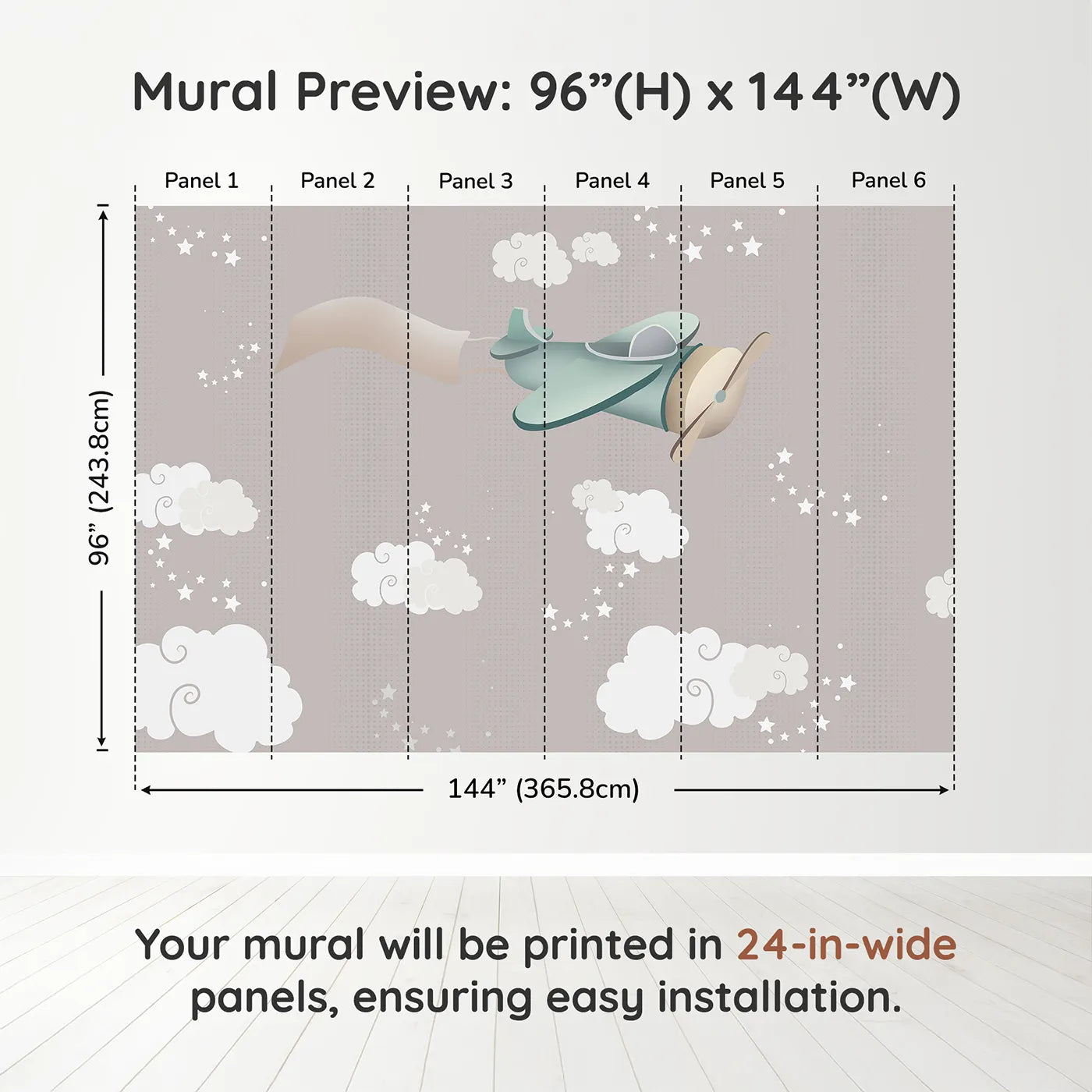 Whimsy Tots Starry Sky Banner Plane Wall Muraldimension view (96" H x 144" W). Printed in six 24-inch-wide panels. Gender-Neutral