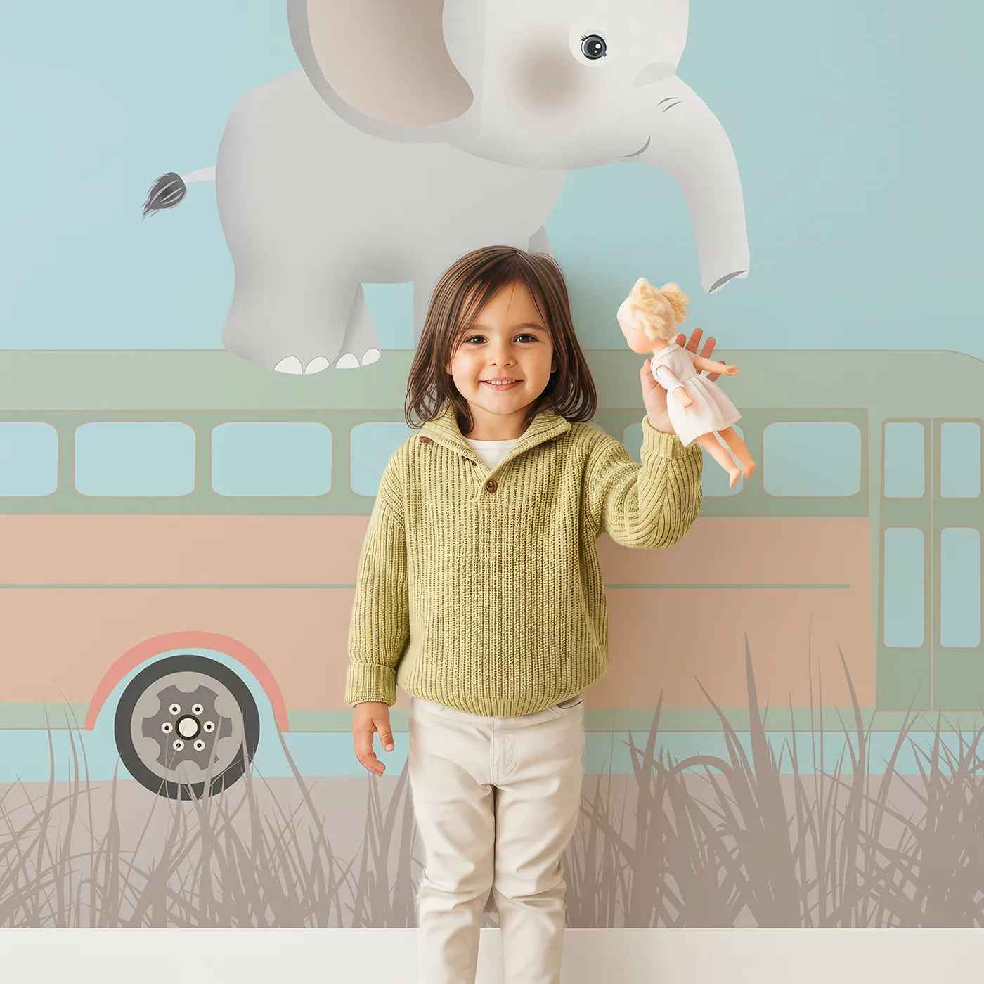 Child in front of Whimsy Tots Safari School Bus Wall Mural with animal, school bus, cute, moon, whimsical, elephant, fox, sky in design.