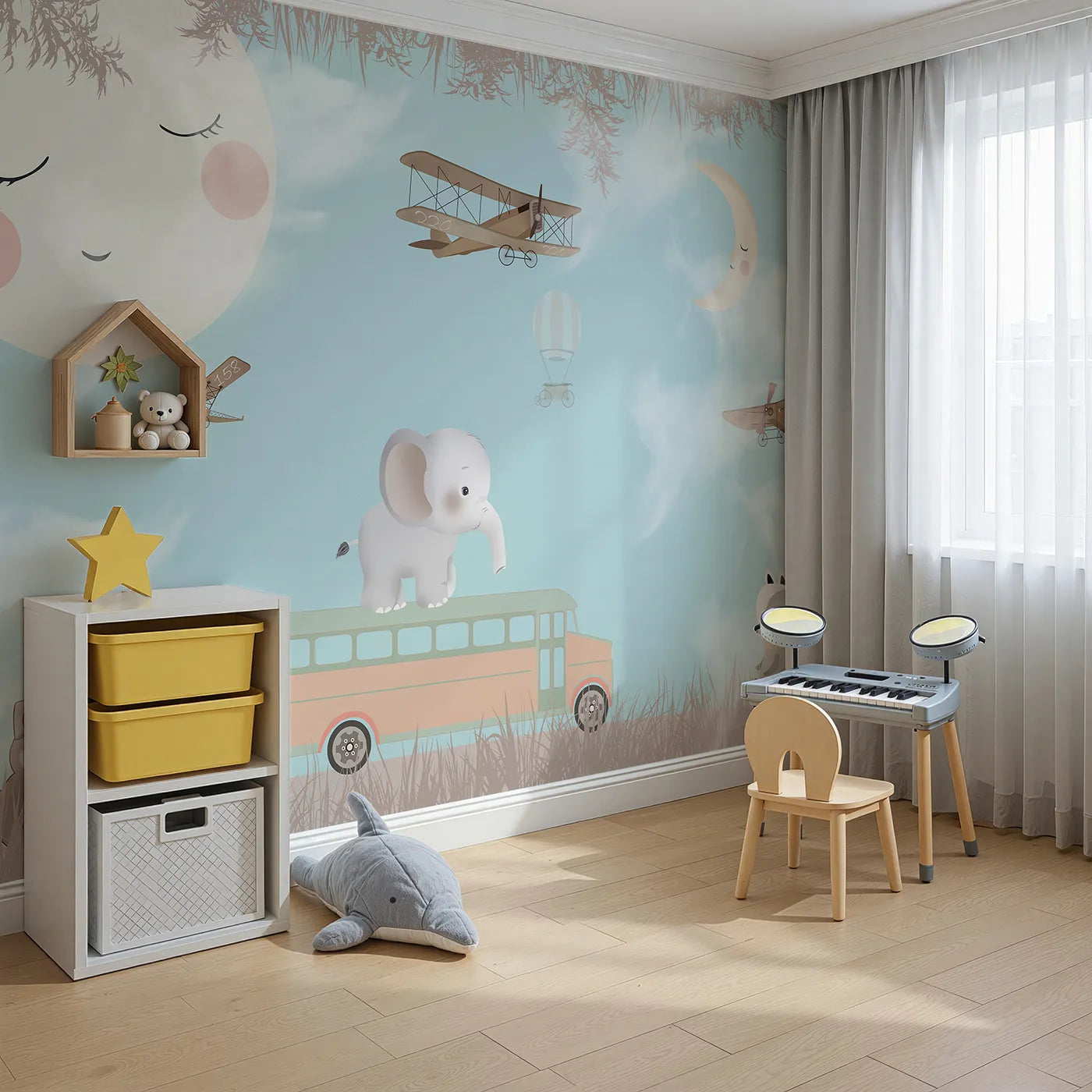 Angled view of Whimsy Tots' Safari School Bus Wall Mural (Turn Their Room into the Sweetest, Most Whimsical School Trip).Gender-Neutral