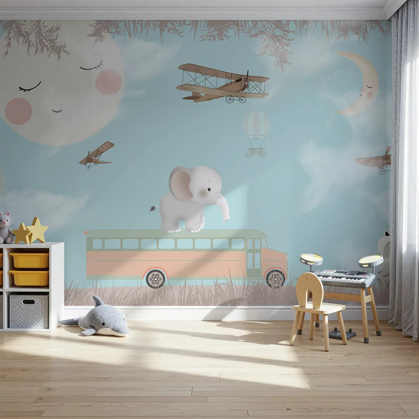Front view of Whimsy Tots' Safari School Bus Wall Mural