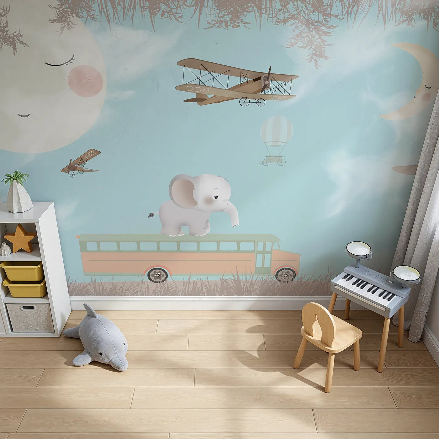 Top-down view of Whimsy Tots' Safari School Bus Wall Mural (Turn Their Room into the Sweetest, Most Whimsical School Trip).Gender-Neutral