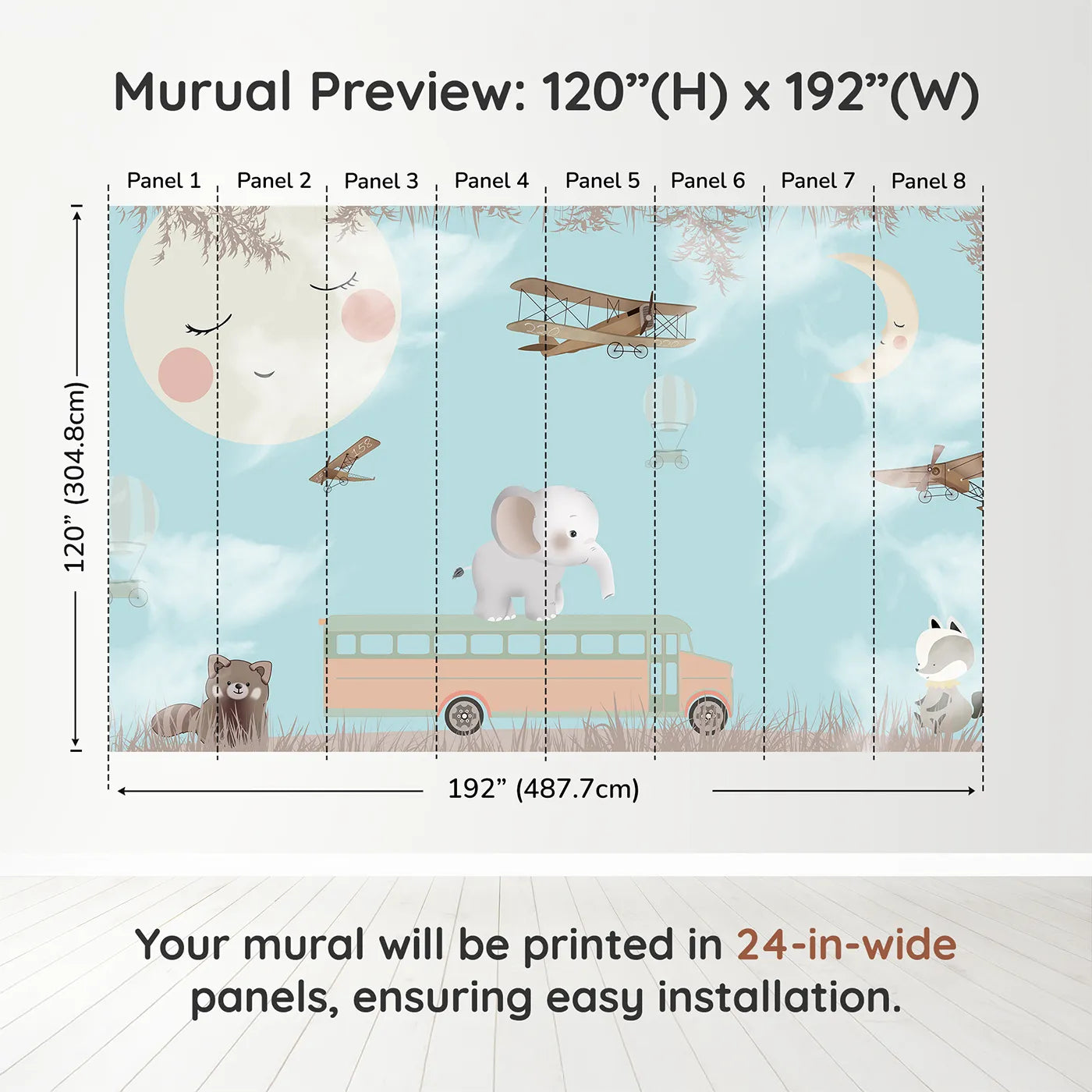 Whimsy Tots Safari School Bus Wall Muraldimension view (120" H x 192" W). Printed in eight 24-inch-wide panels. Gender-Neutral