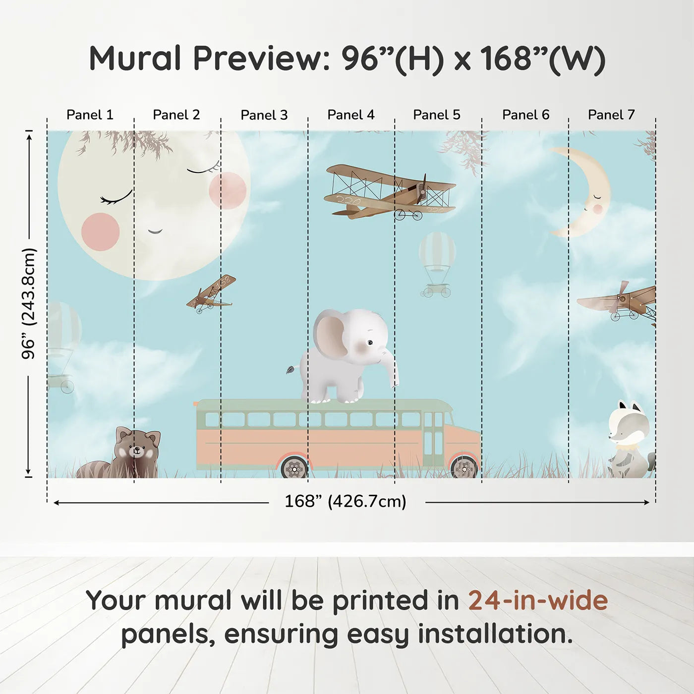 Whimsy Tots Safari School Bus Wall Muraldimension view (96" H x 168" W). Printed in seven 24-inch-wide panels. Gender-Neutral