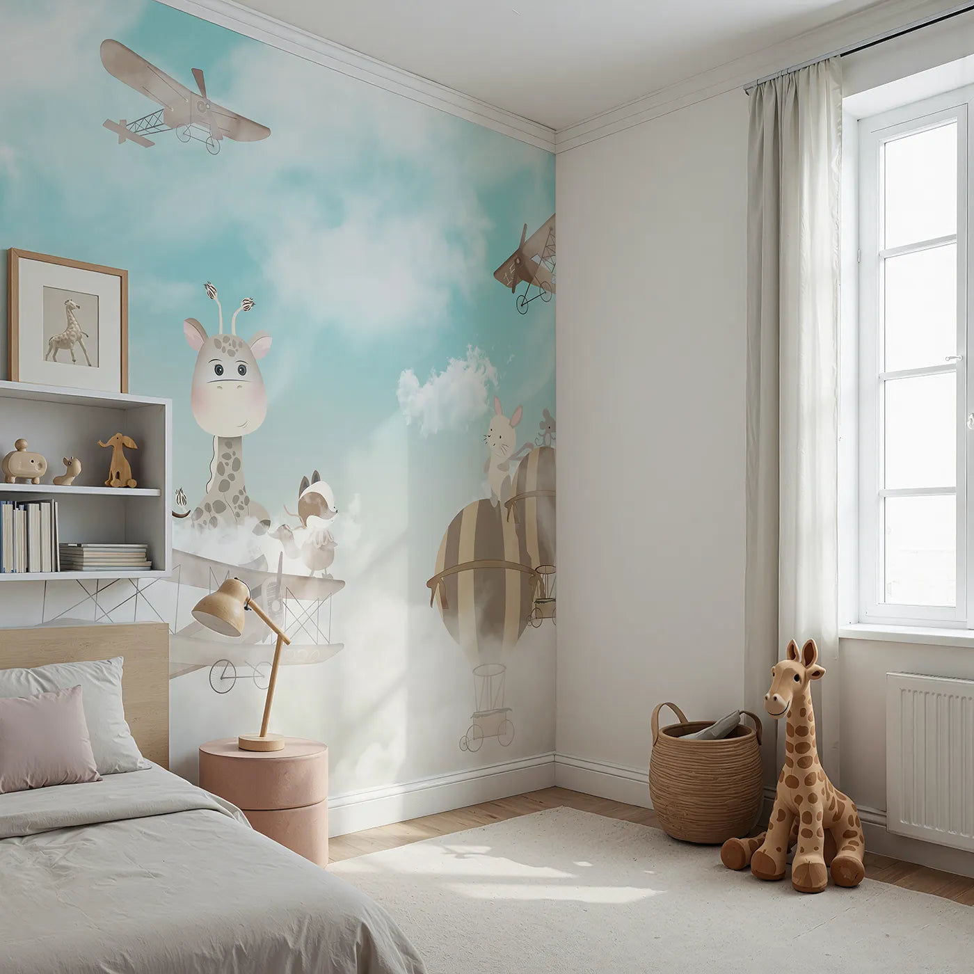 Angled view of Whimsy Tots' Safari Sky High Wall Mural (Turn Their Room into a Whimsical, High-Flying Adventure).Gender-Neutral