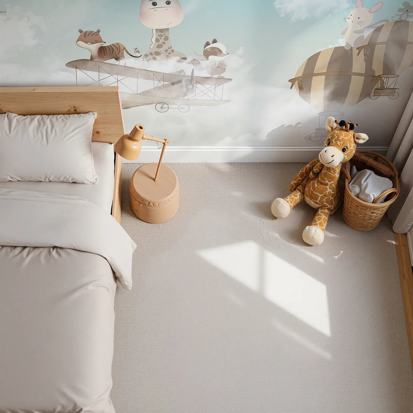 Top-down view of Whimsy Tots' Safari Sky High Wall Mural (Turn Their Room into a Whimsical, High-Flying Adventure).Gender-Neutral