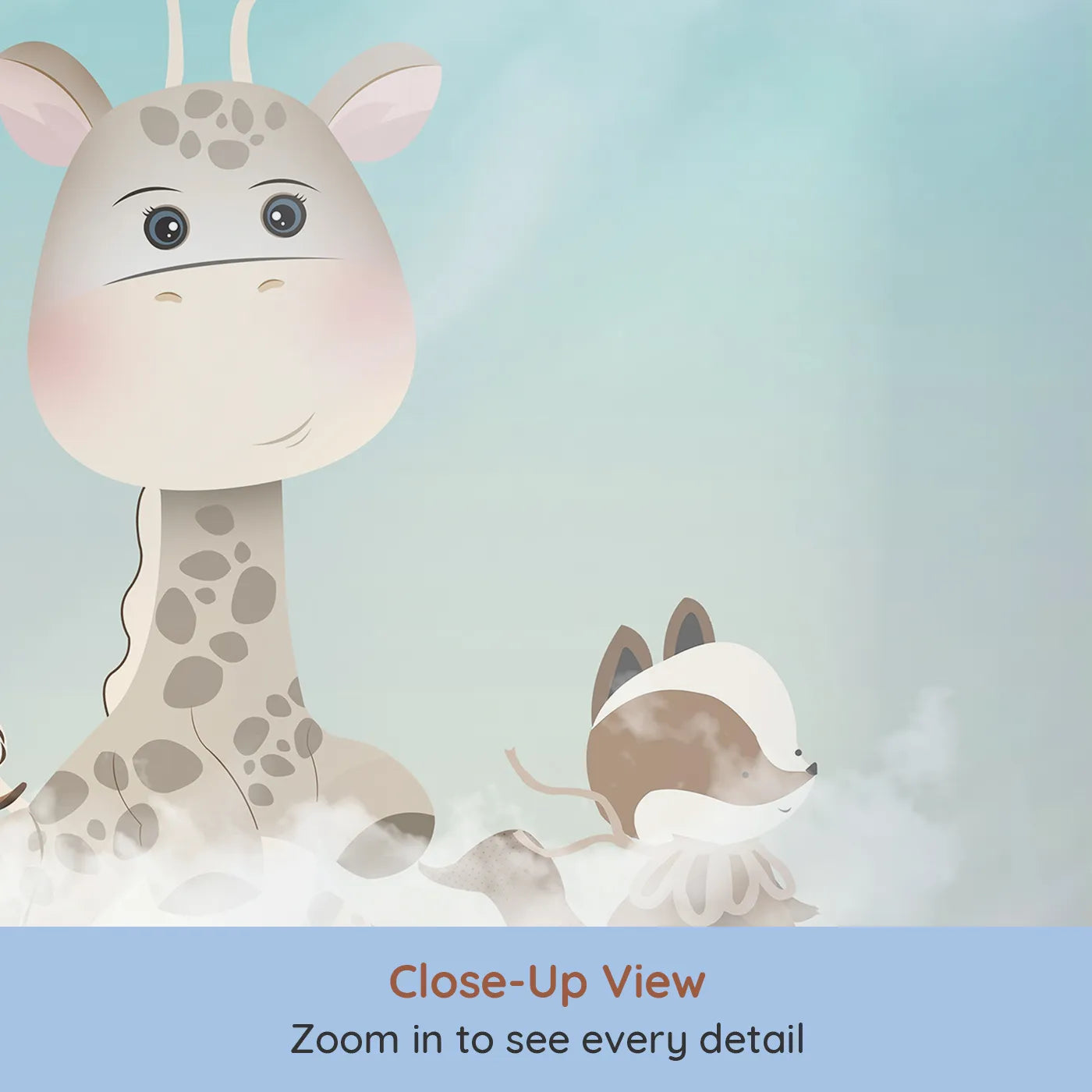 Close-up view of Whimsy Tots' Safari Sky High Wall Mural (Turn Their Room into a Whimsical, High-Flying Adventure).Gender-Neutral