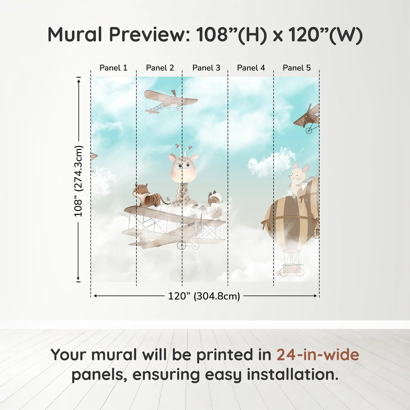 Whimsy Tots Safari Sky High Wall Muraldimension view (108" H x 120" W). Printed in five 24-inch-wide panels. Gender-Neutral