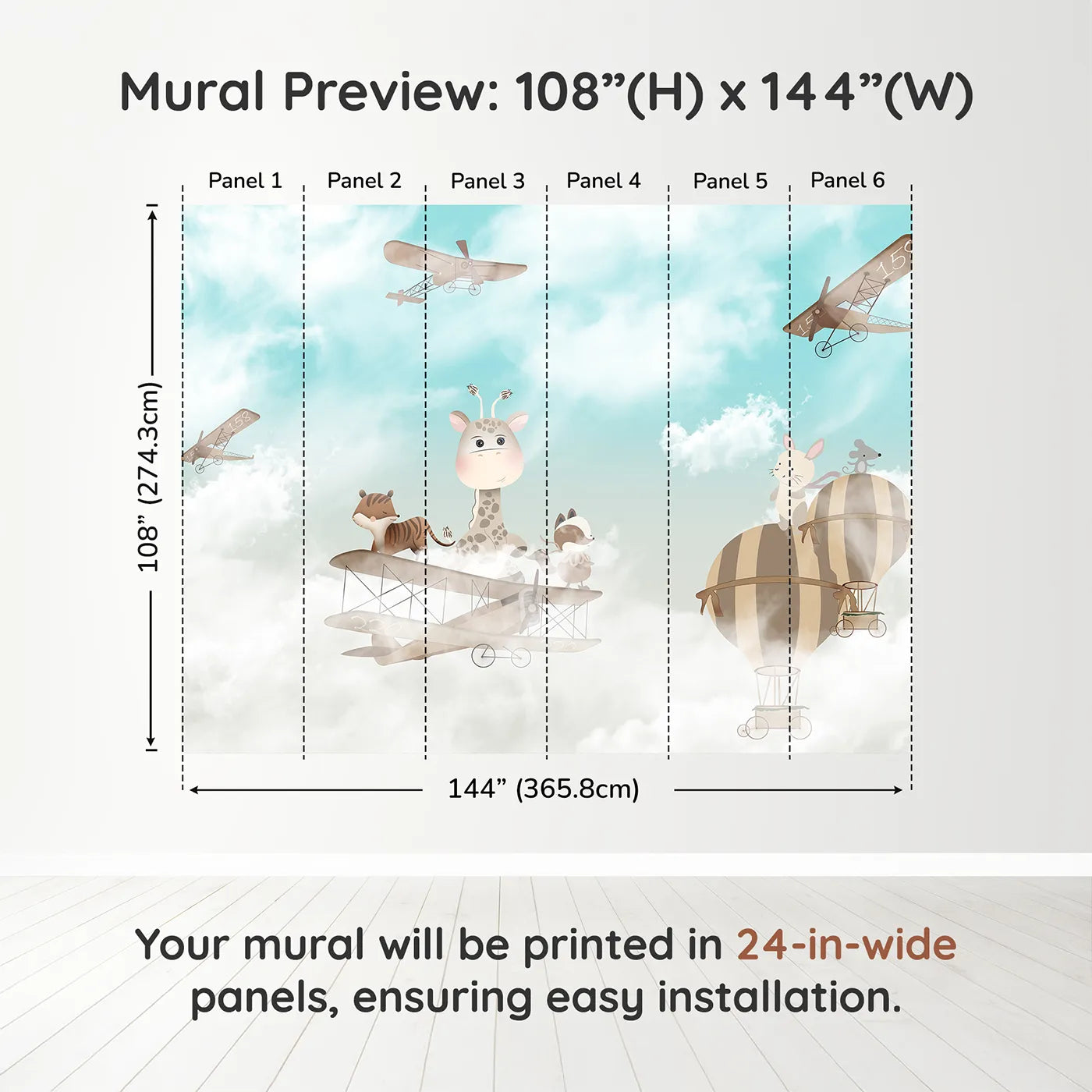 Whimsy Tots Safari Sky High Wall Muraldimension view (108" H x 144" W). Printed in six 24-inch-wide panels. Gender-Neutral
