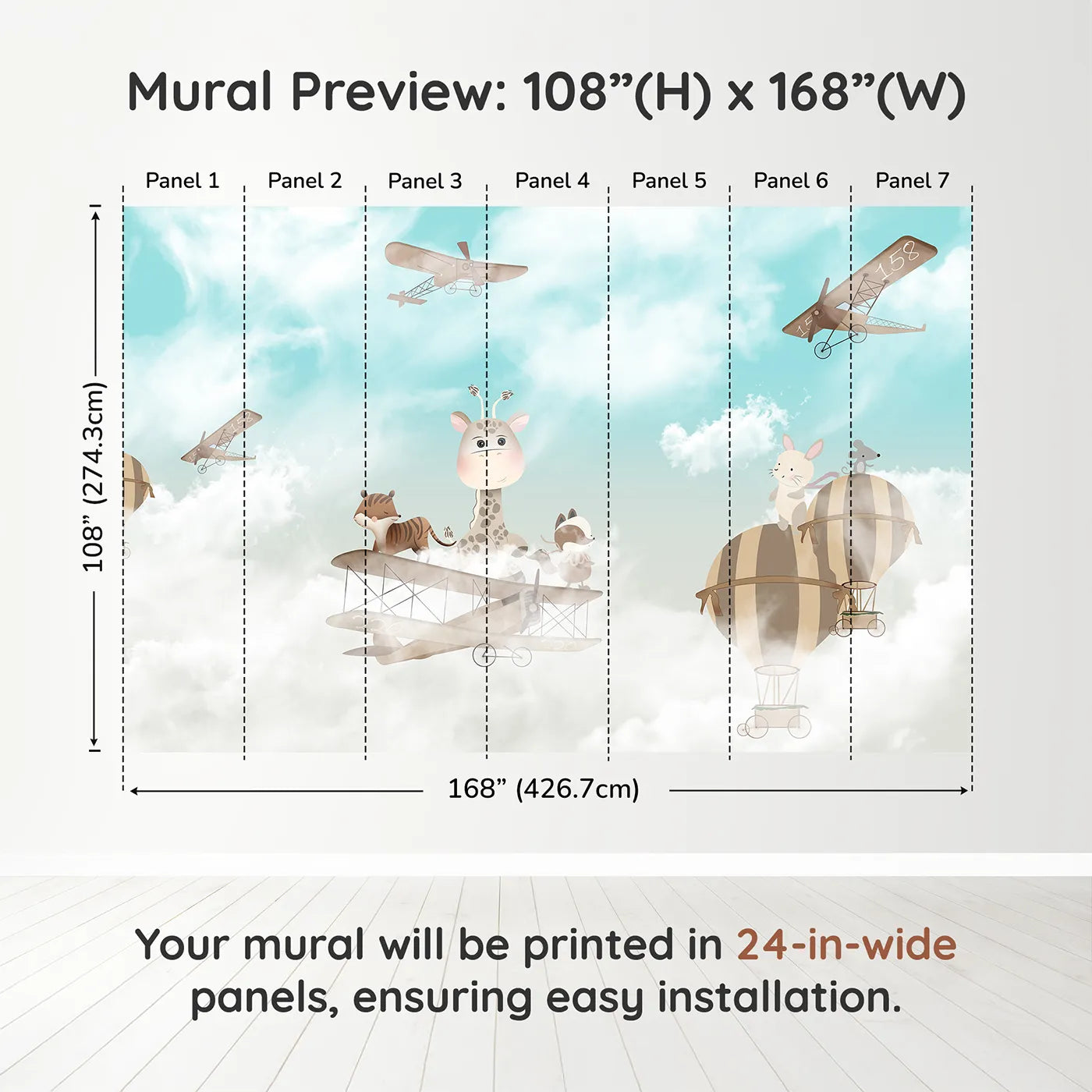 Whimsy Tots Safari Sky High Wall Muraldimension view (108" H x 168" W). Printed in seven 24-inch-wide panels. Gender-Neutral
