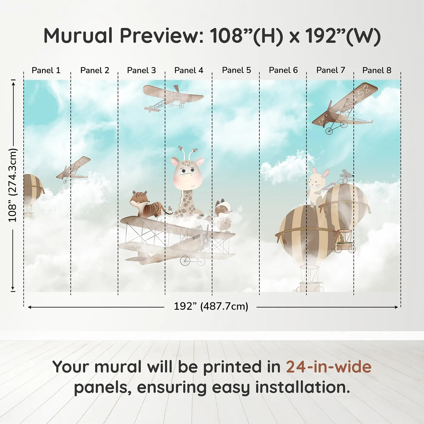 Whimsy Tots Safari Sky High Wall Muraldimension view (108" H x 192" W). Printed in eight 24-inch-wide panels. Gender-Neutral