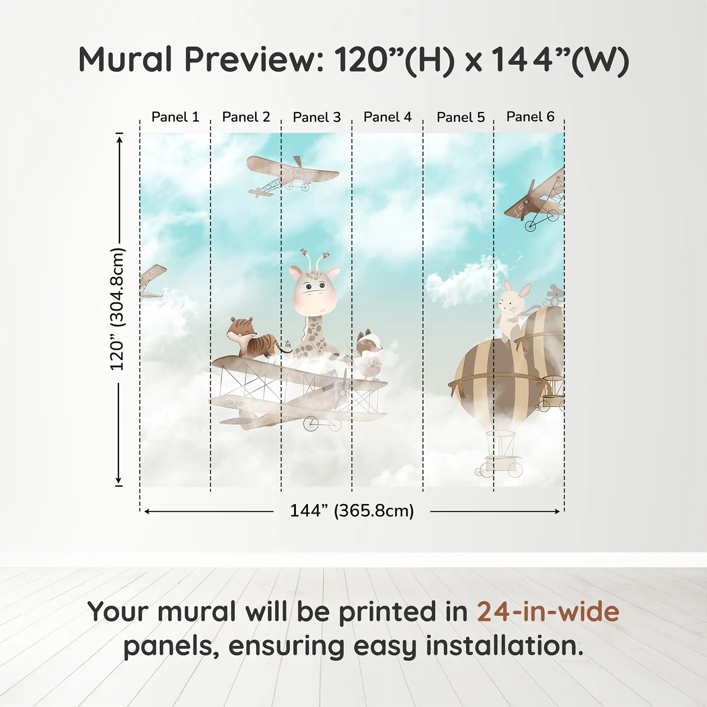Whimsy Tots Safari Sky High Wall Muraldimension view (120" H x 144" W). Printed in six 24-inch-wide panels. Gender-Neutral