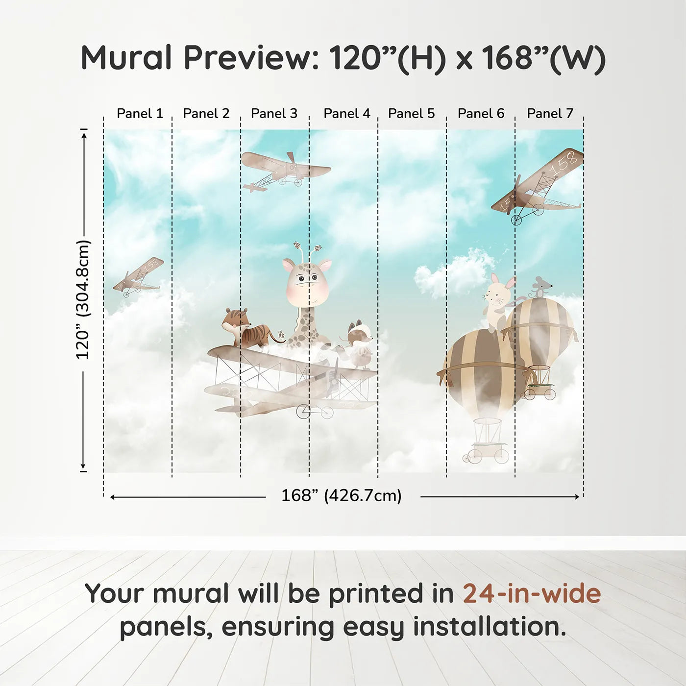 Whimsy Tots Safari Sky High Wall Muraldimension view (120" H x 168" W). Printed in seven 24-inch-wide panels. Gender-Neutral
