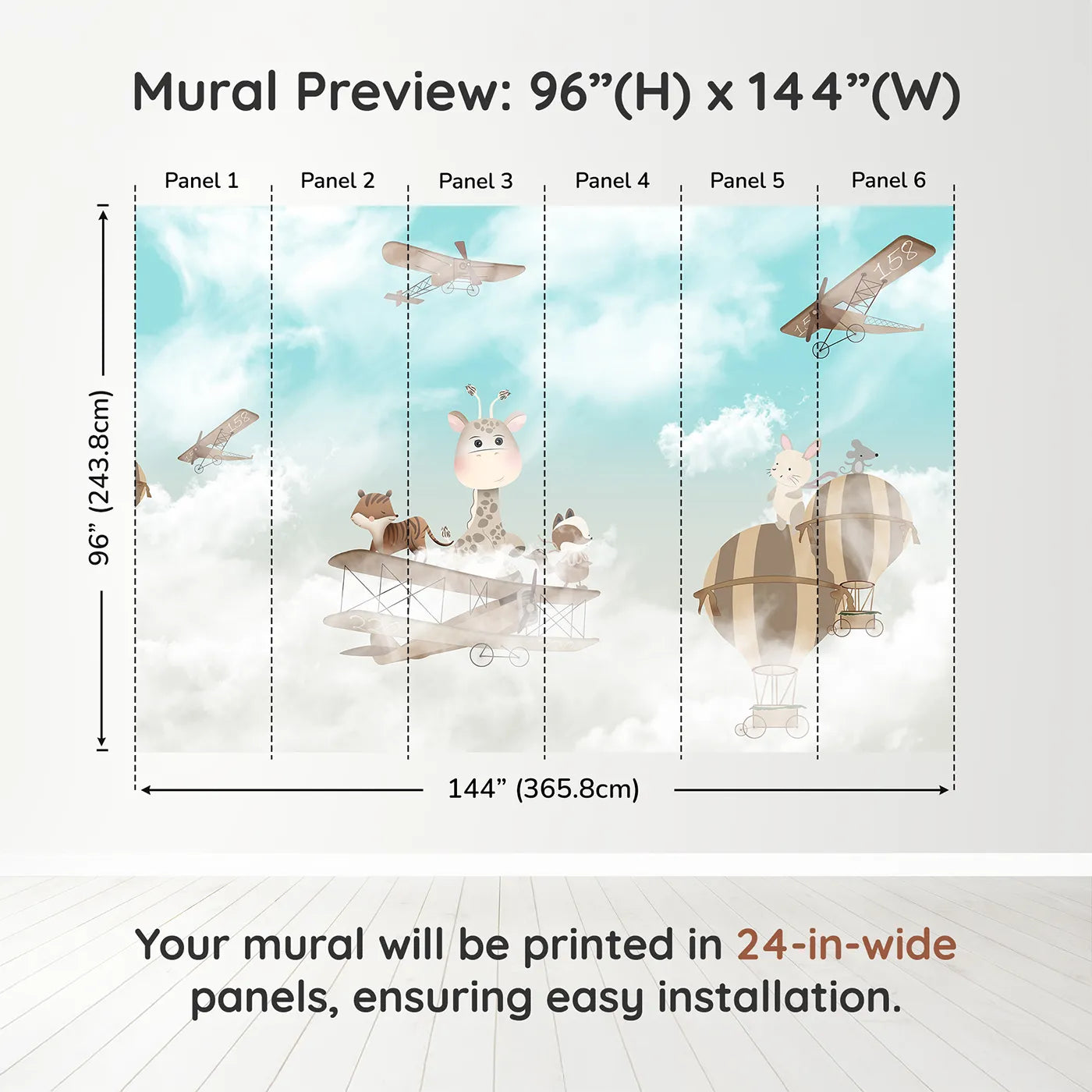 Whimsy Tots Safari Sky High Wall Muraldimension view (96" H x 144" W). Printed in six 24-inch-wide panels. Gender-Neutral