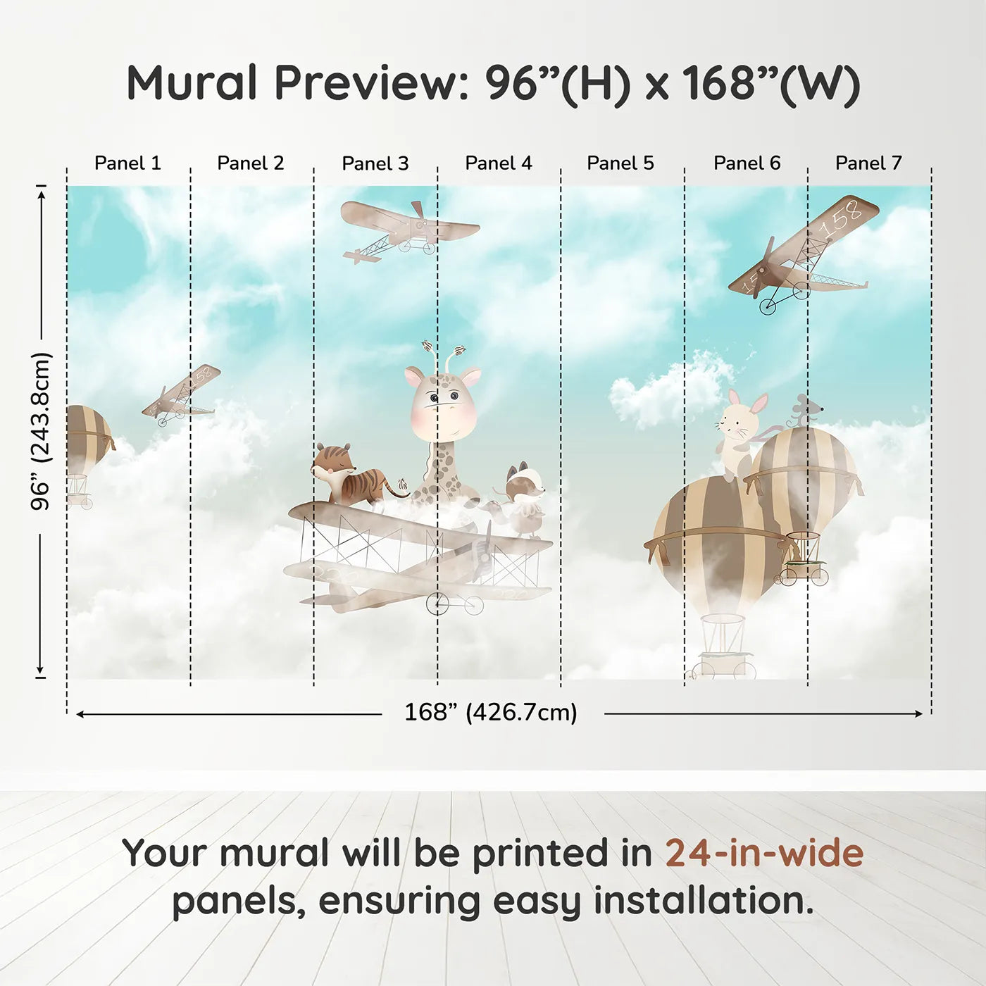 Whimsy Tots Safari Sky High Wall Muraldimension view (96" H x 168" W). Printed in seven 24-inch-wide panels. Gender-Neutral