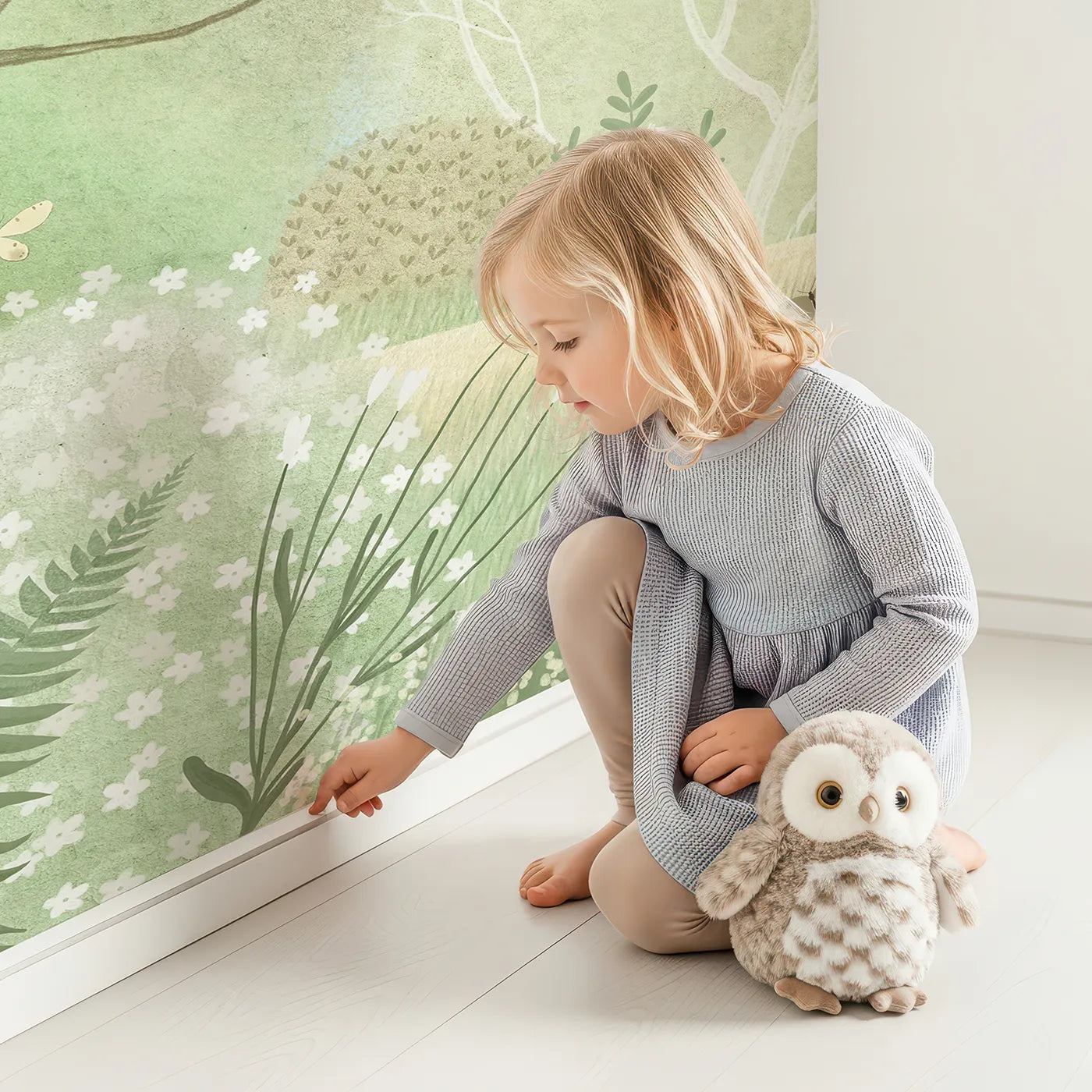 Child in front of Whimsy Tots Gentle Woodland Wall Mural in Green with woodland, animal, forest, deer, fawn, cute, green, misty in design.
