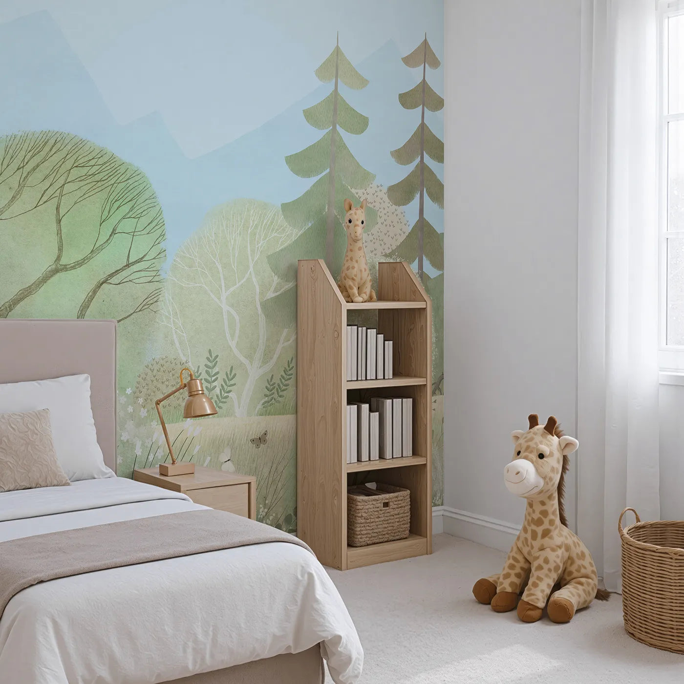 Angled view of Whimsy Tots' Gentle Woodland Wall Mural in Green (Turn Their Room into a Soft and Dreamy Forest Clearing).Gender-Neutral