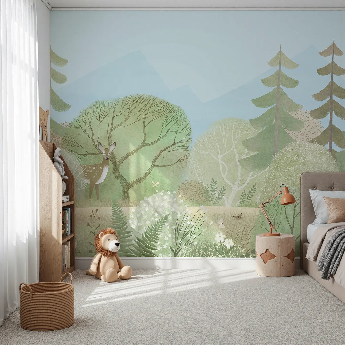 Front view of Whimsy Tots' Gentle Woodland Wall Mural in Green
