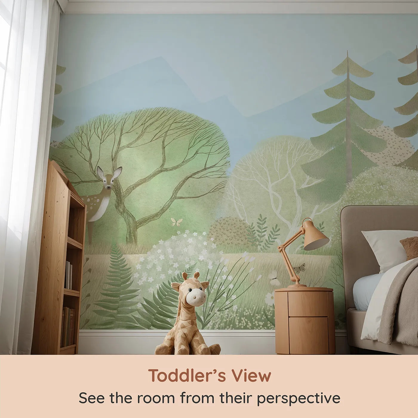 Whimsy Tots Gentle Woodland Wall Mural in Green (Turn Their Room into a Soft and Dreamy Forest Clearing) from your child's view.Gender-Neutral