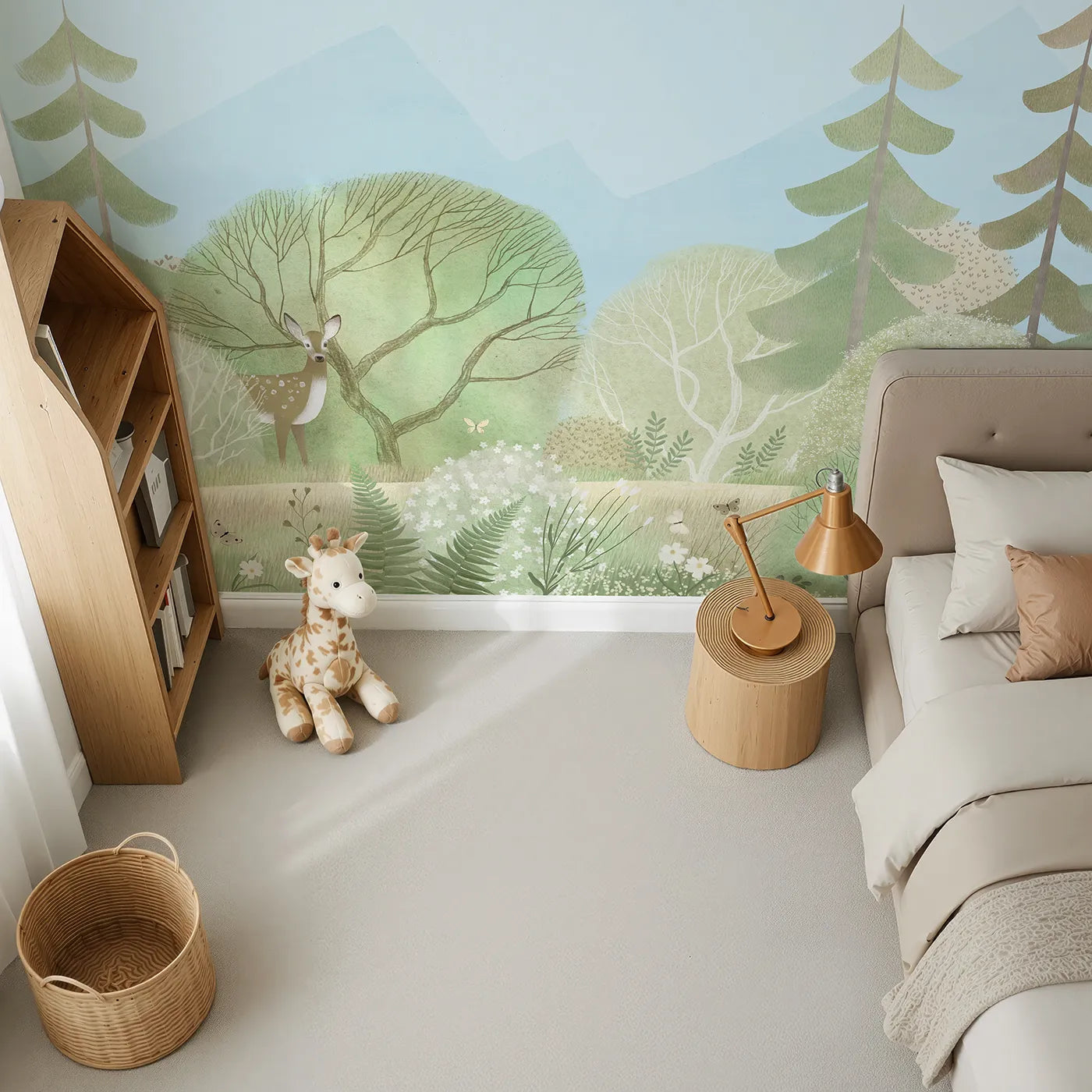 Top-down view of Whimsy Tots' Gentle Woodland Wall Mural in Green (Turn Their Room into a Soft and Dreamy Forest Clearing).Gender-Neutral