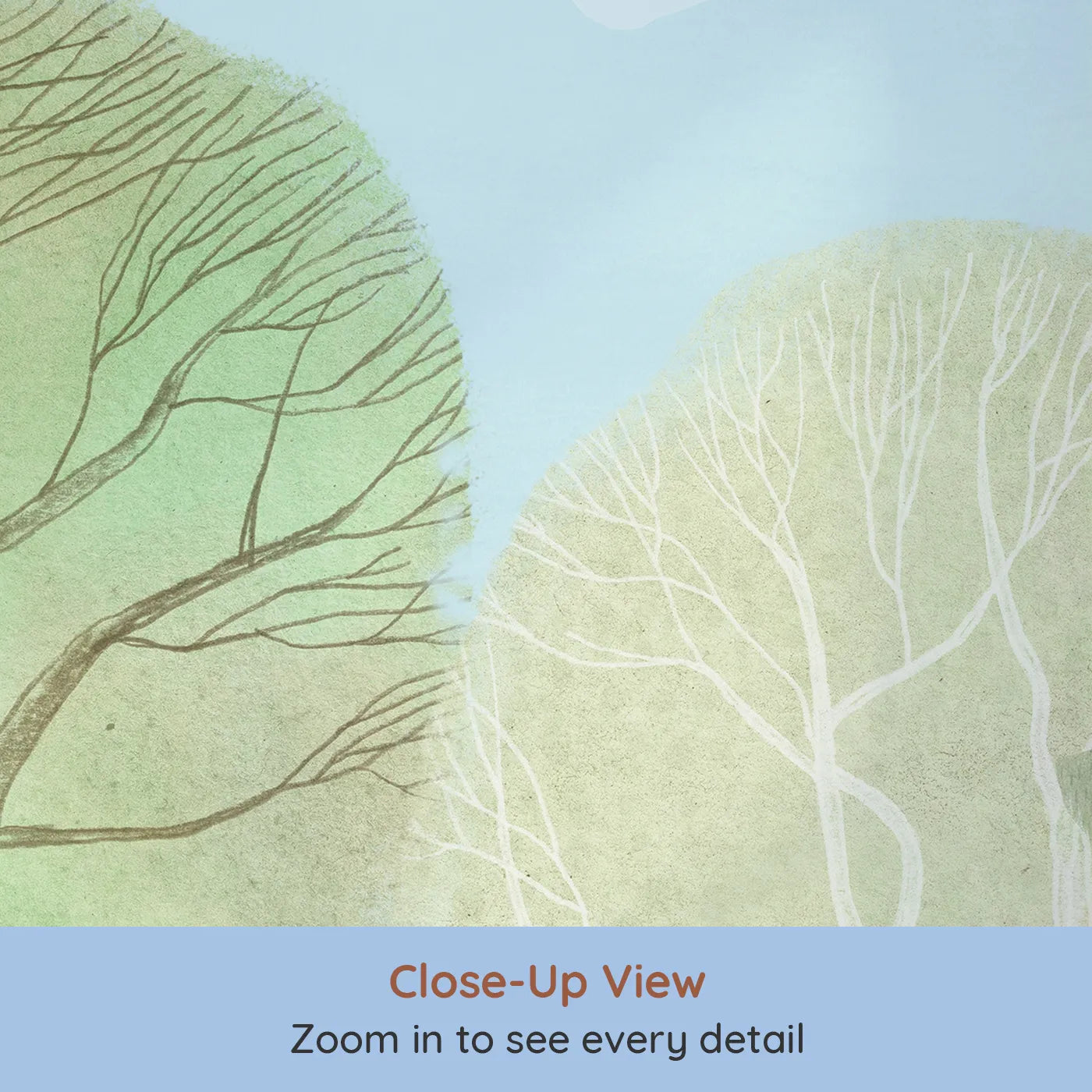 Close-up view of Whimsy Tots' Gentle Woodland Wall Mural in Green (Turn Their Room into a Soft and Dreamy Forest Clearing).Gender-Neutral