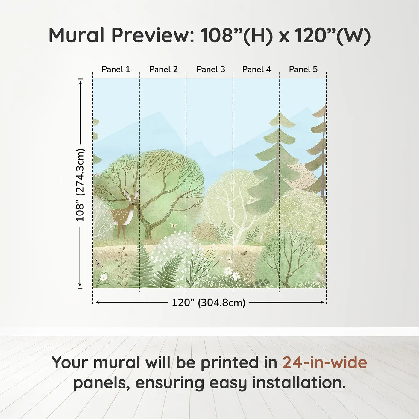 Whimsy Tots Gentle Woodland Wall Mural in Greendimension view (108" H x 120" W). Printed in five 24-inch-wide panels. Gender-Neutral