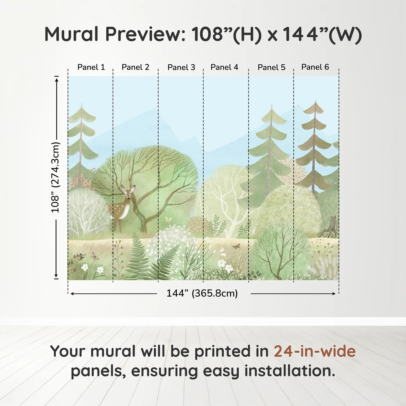 Whimsy Tots Gentle Woodland Wall Mural in Greendimension view (108" H x 144" W). Printed in six 24-inch-wide panels. Gender-Neutral