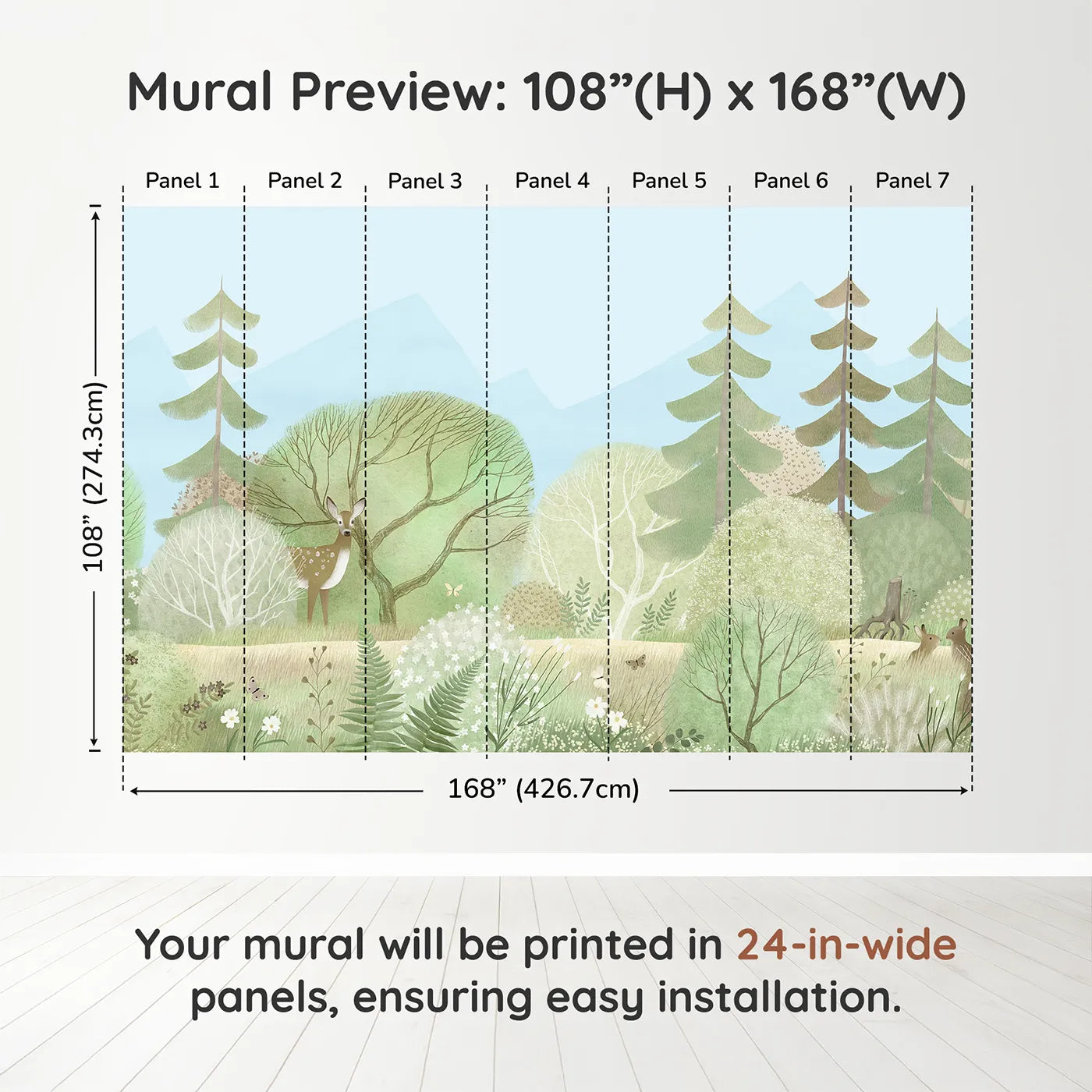 Whimsy Tots Gentle Woodland Wall Mural in Greendimension view (108" H x 168" W). Printed in seven 24-inch-wide panels. Gender-Neutral