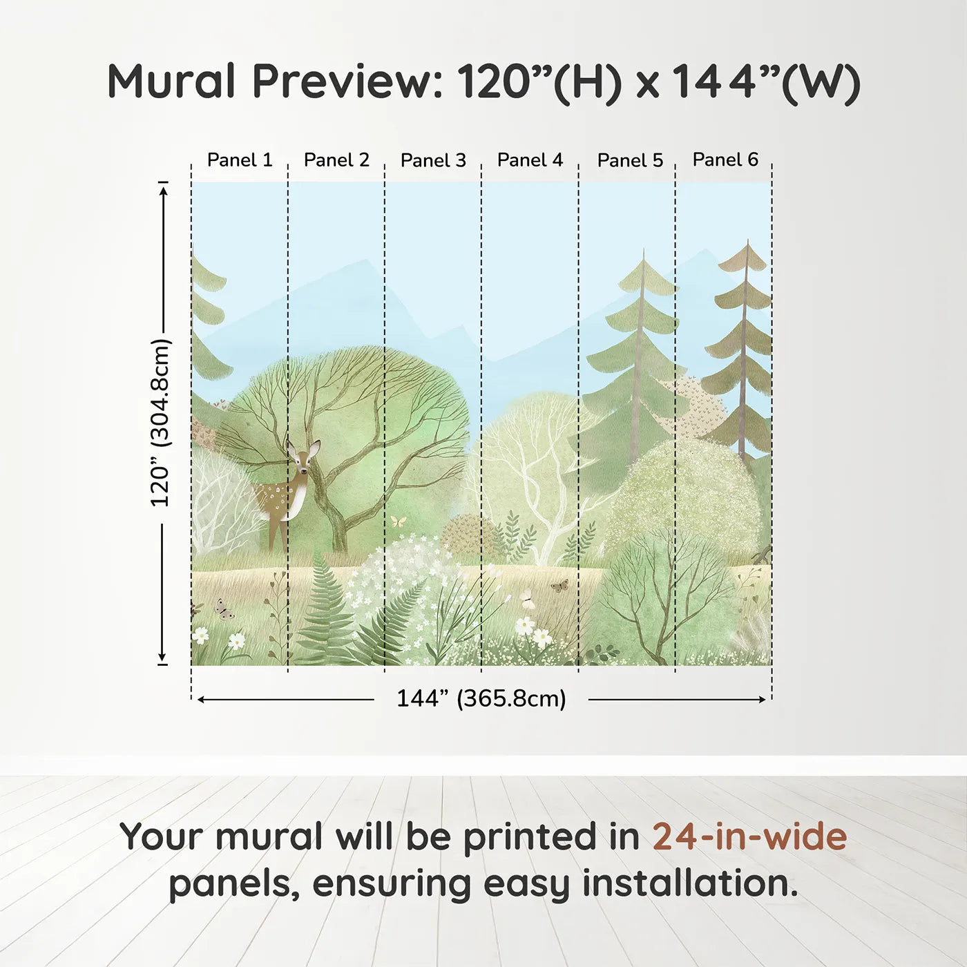 Whimsy Tots Gentle Woodland Wall Mural in Greendimension view (120" H x 144" W). Printed in six 24-inch-wide panels. Gender-Neutral
