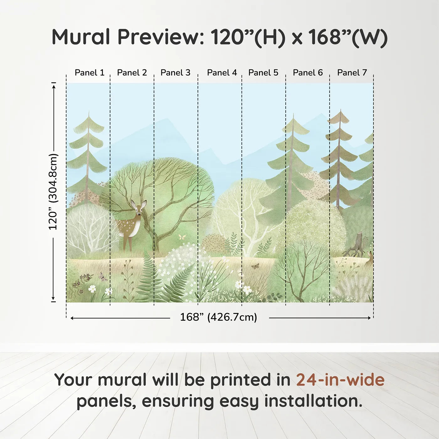 Whimsy Tots Gentle Woodland Wall Mural in Greendimension view (120" H x 168" W). Printed in seven 24-inch-wide panels. Gender-Neutral