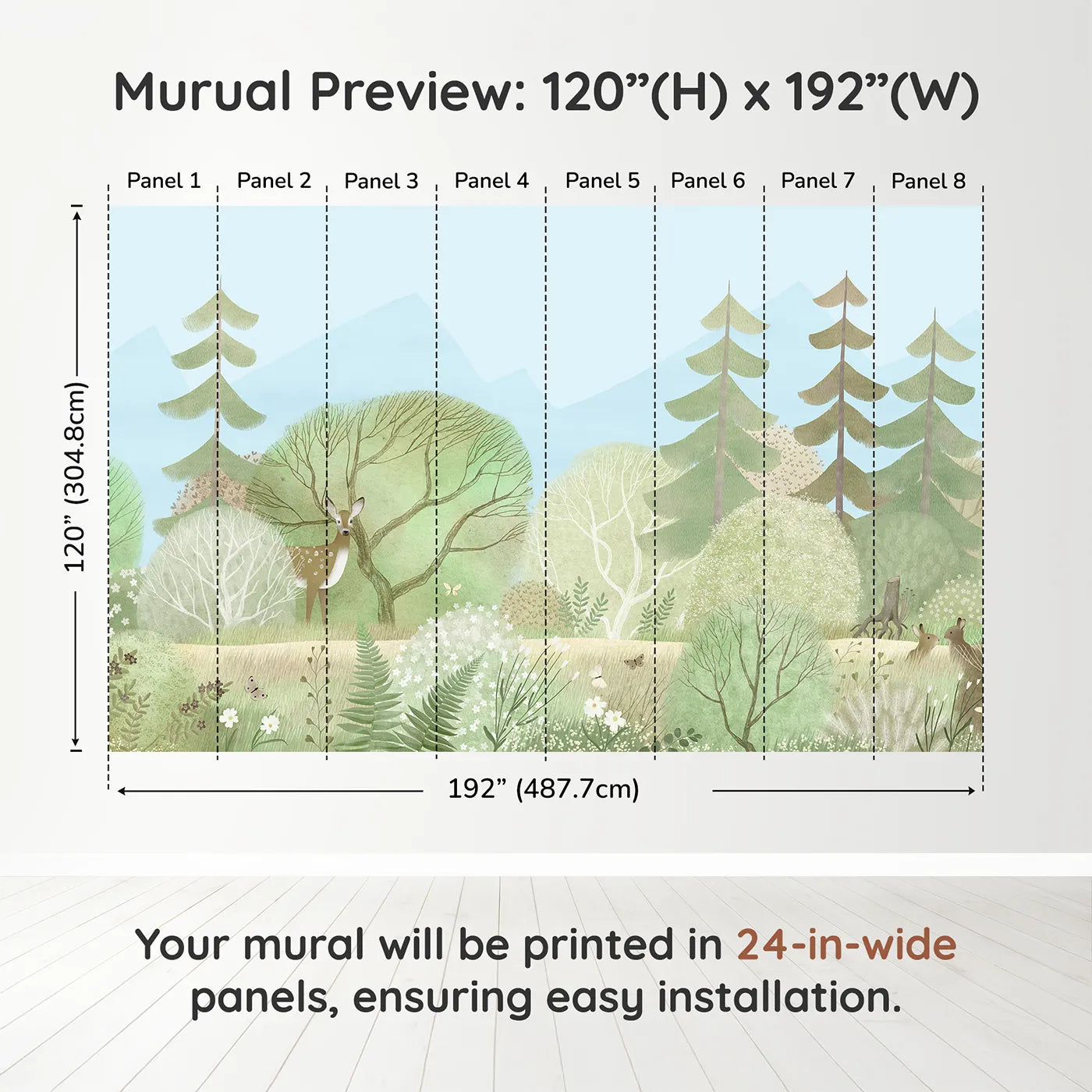 Whimsy Tots Gentle Woodland Wall Mural in Greendimension view (120" H x 192" W). Printed in eight 24-inch-wide panels. Gender-Neutral