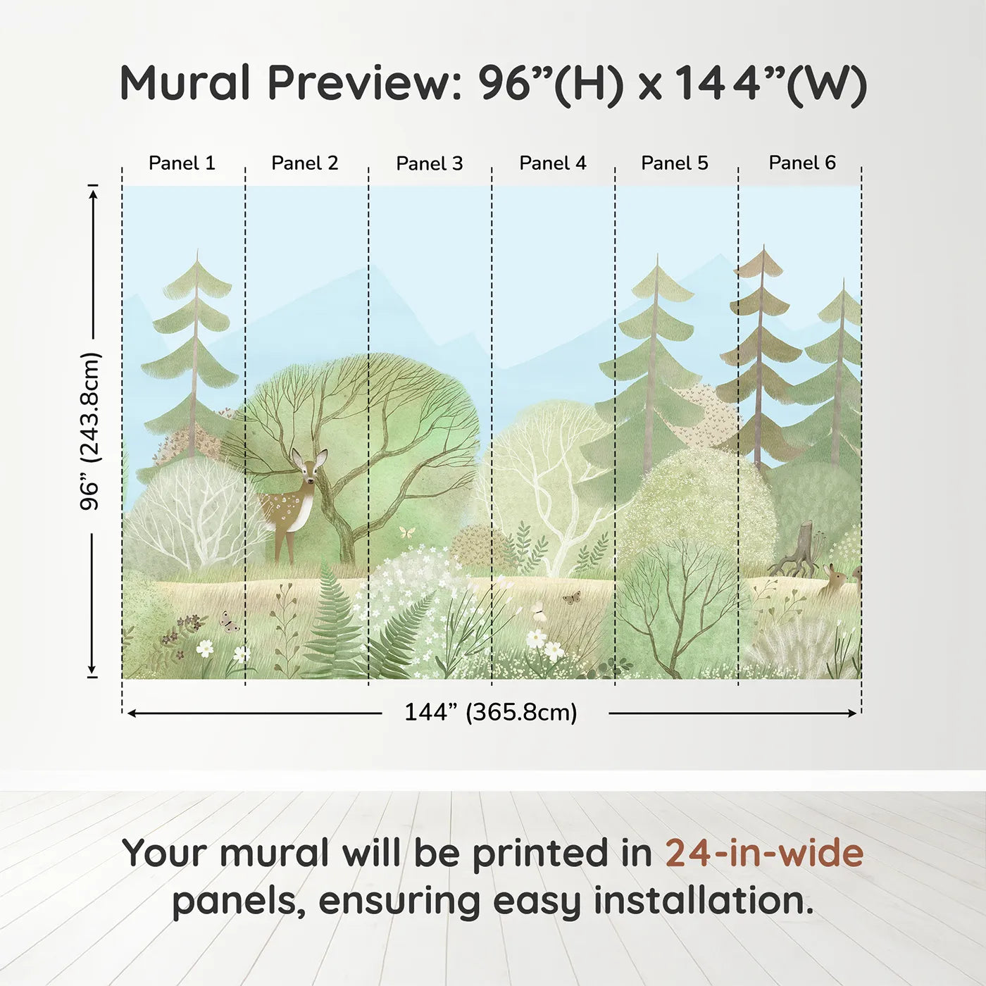 Whimsy Tots Gentle Woodland Wall Mural in Greendimension view (96" H x 144" W). Printed in six 24-inch-wide panels. Gender-Neutral