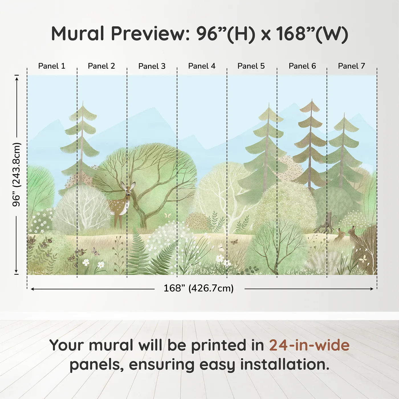 Whimsy Tots Gentle Woodland Wall Mural in Greendimension view (96" H x 168" W). Printed in seven 24-inch-wide panels. Gender-Neutral