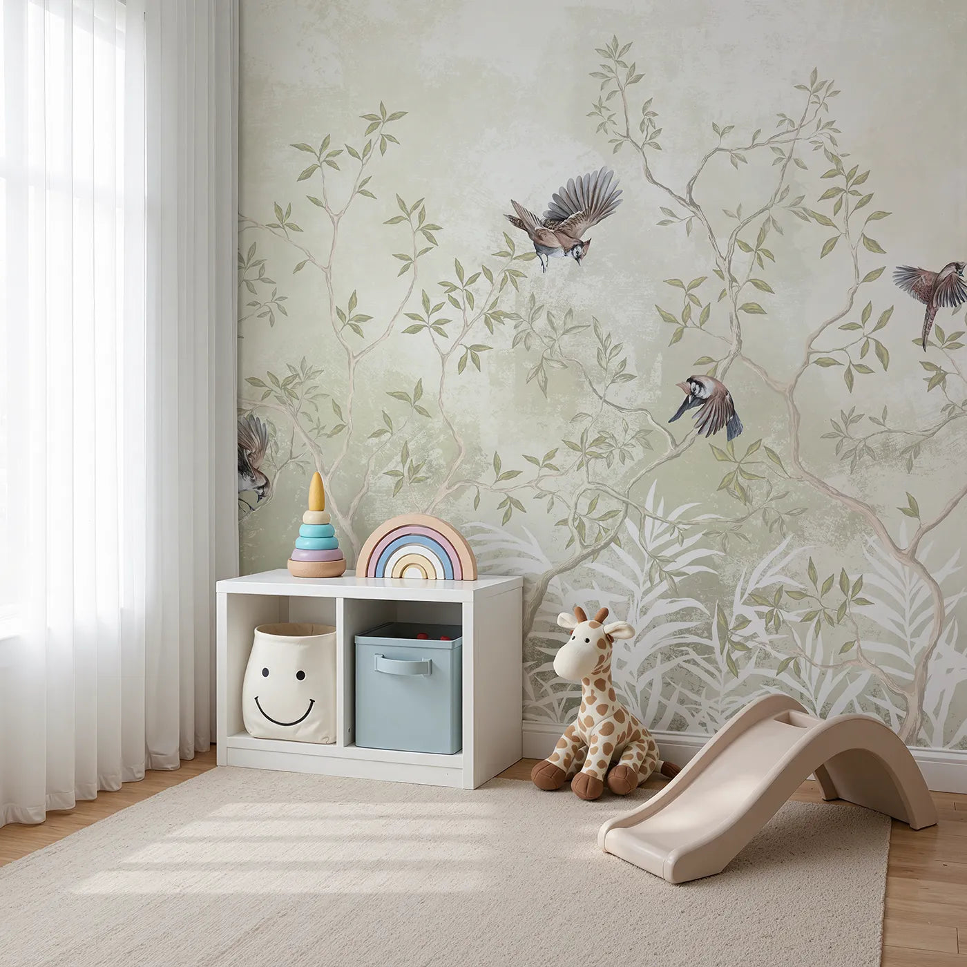 Angled view of Whimsy Tots' Sparrow Grove Wall Mural (Turn Their Room into a Gentle, Whispering Woodland).Gender-Neutral