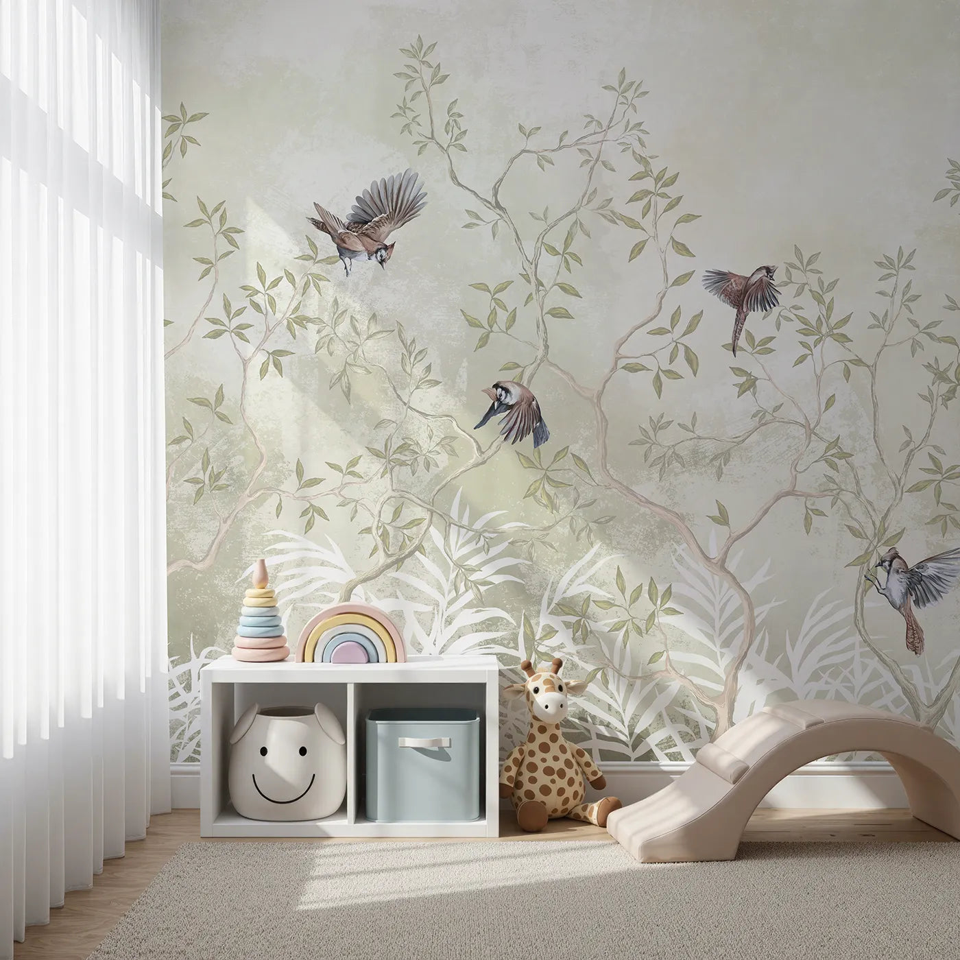 Front view of Whimsy Tots' Sparrow Grove Wall Mural