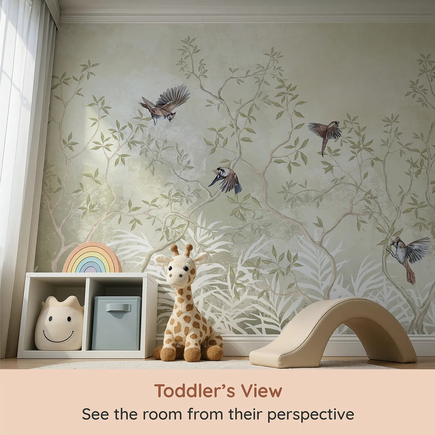 Whimsy Tots Sparrow Grove Wall Mural (Turn Their Room into a Gentle, Whispering Woodland) from your child's view.Gender-Neutral