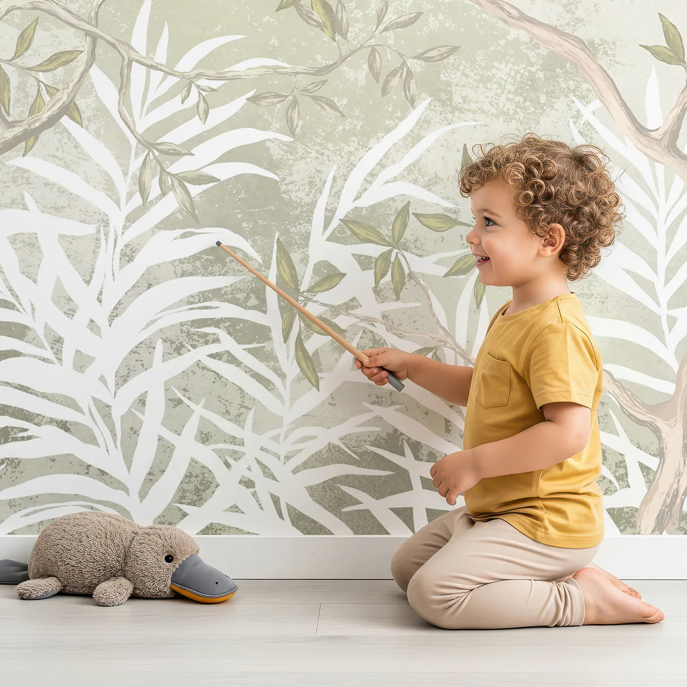 Child in front of Whimsy Tots Sparrow Grove Wall Mural with bird, sparrow, branch, tree, nature, painterly, calm, beige in design.