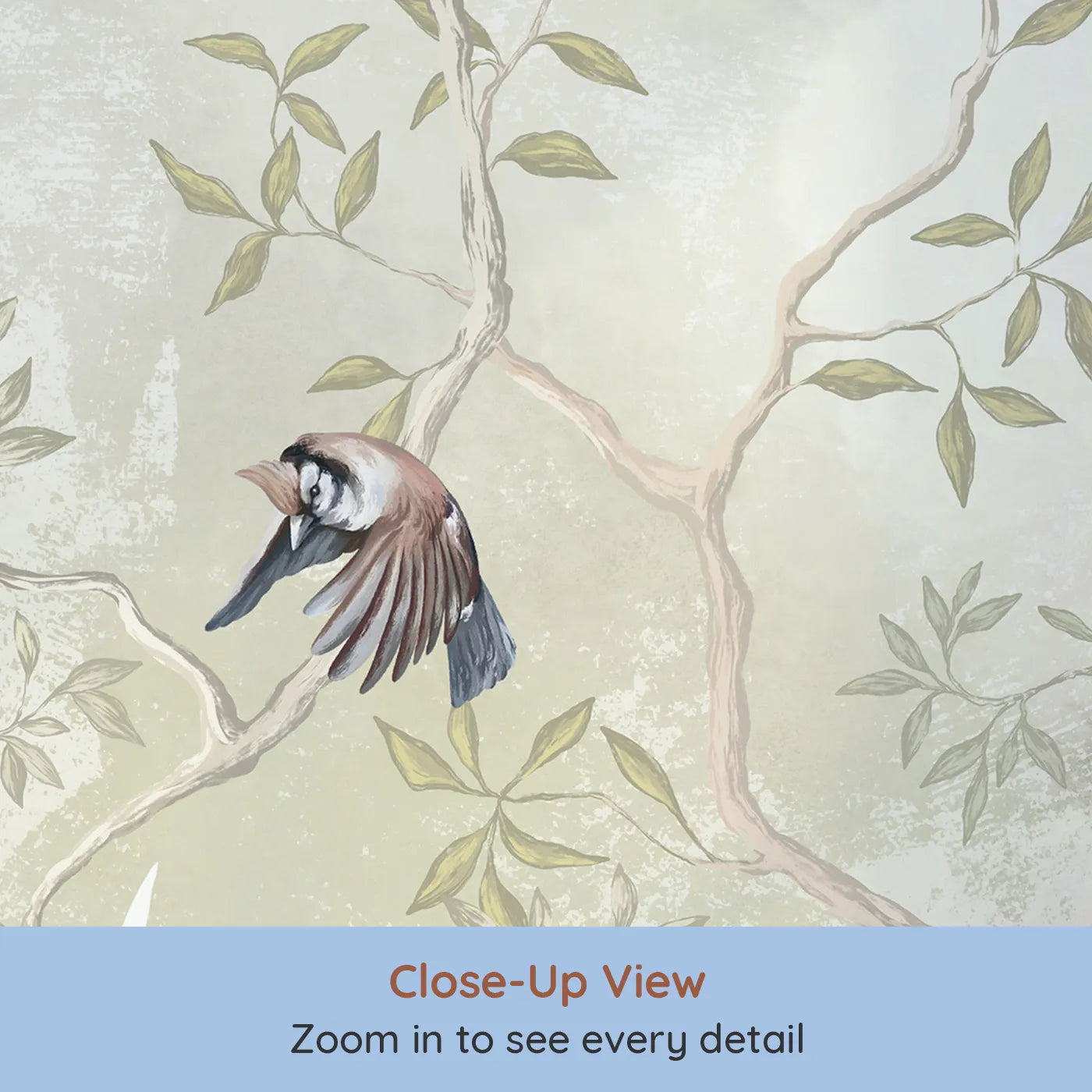 Close-up view of Whimsy Tots' Sparrow Grove Wall Mural (Turn Their Room into a Gentle, Whispering Woodland).Gender-Neutral