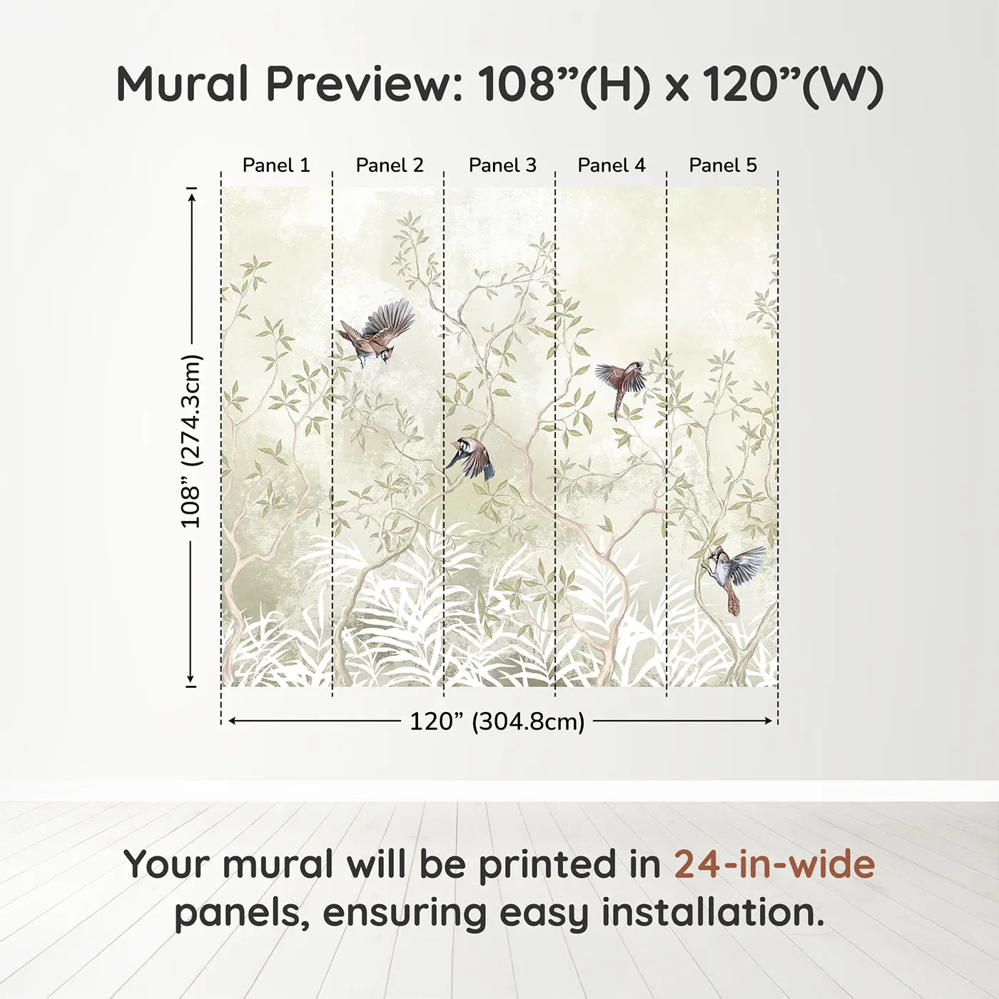 Whimsy Tots Sparrow Grove Wall Muraldimension view (108" H x 120" W). Printed in five 24-inch-wide panels. Gender-Neutral