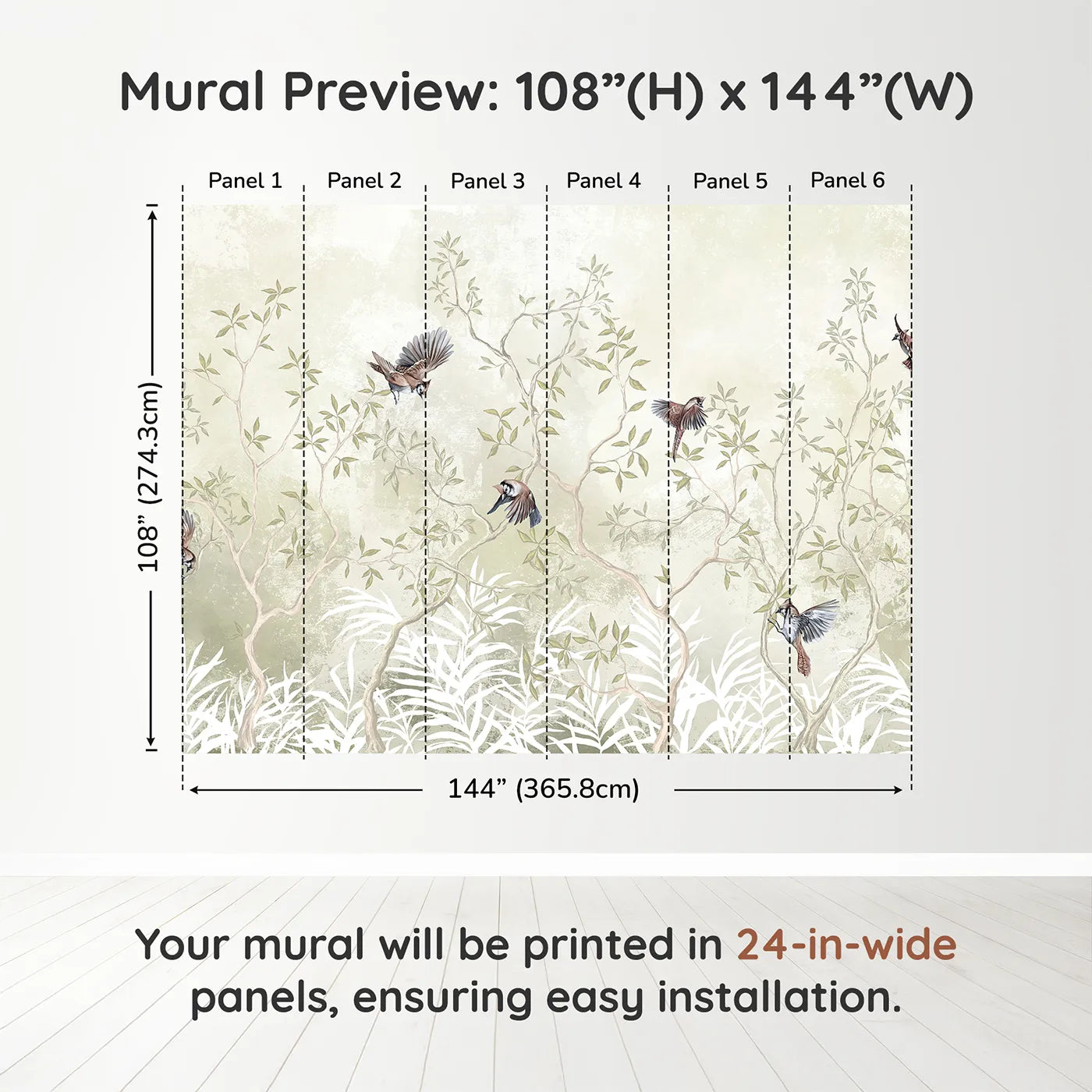 Whimsy Tots Sparrow Grove Wall Muraldimension view (108" H x 144" W). Printed in six 24-inch-wide panels. Gender-Neutral