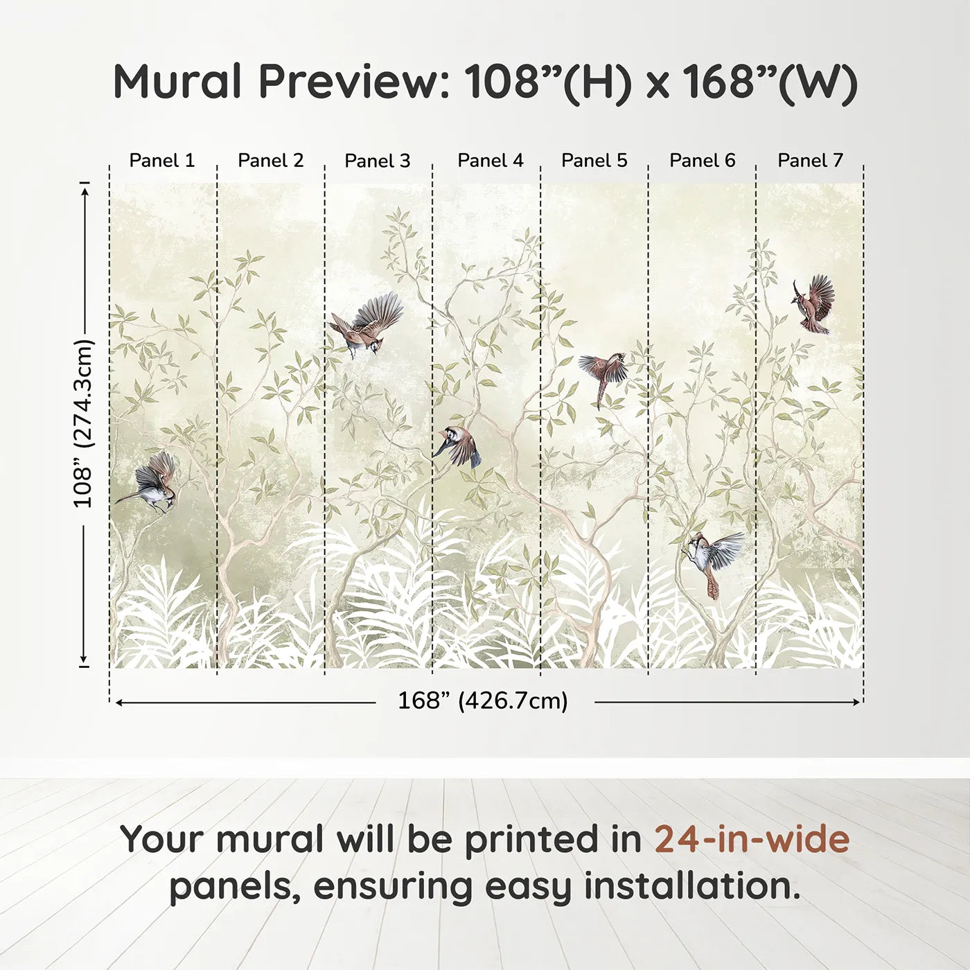 Whimsy Tots Sparrow Grove Wall Muraldimension view (108" H x 168" W). Printed in seven 24-inch-wide panels. Gender-Neutral