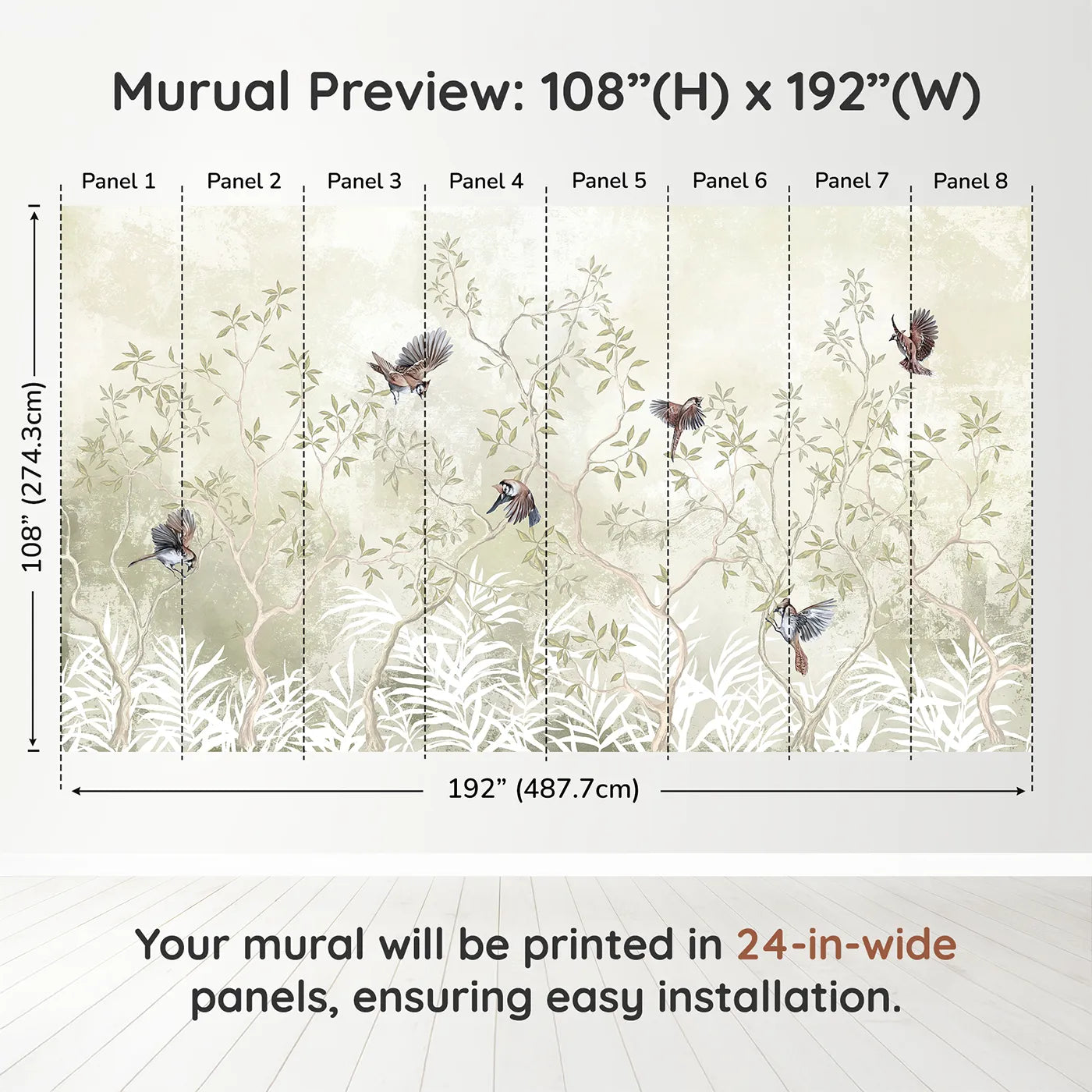 Whimsy Tots Sparrow Grove Wall Muraldimension view (108" H x 192" W). Printed in eight 24-inch-wide panels. Gender-Neutral