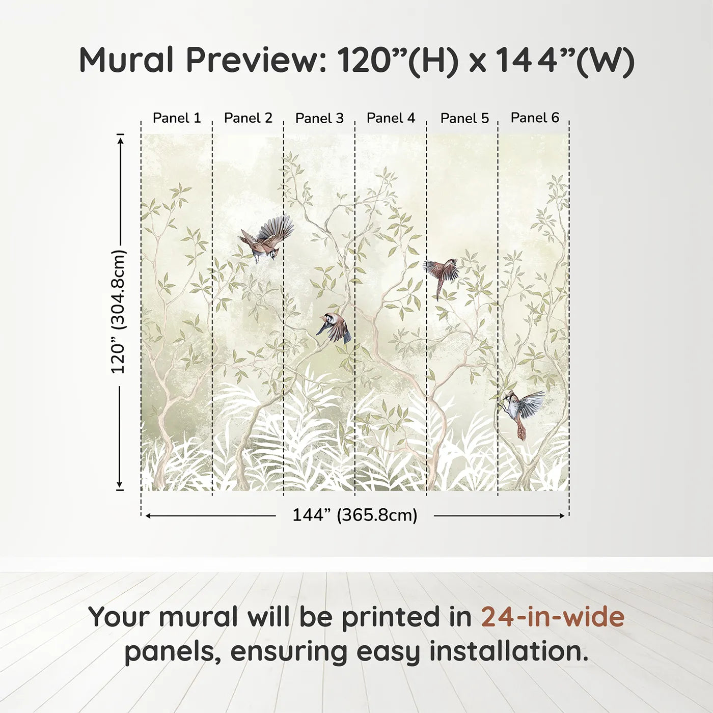 Whimsy Tots Sparrow Grove Wall Muraldimension view (120" H x 144" W). Printed in six 24-inch-wide panels. Gender-Neutral