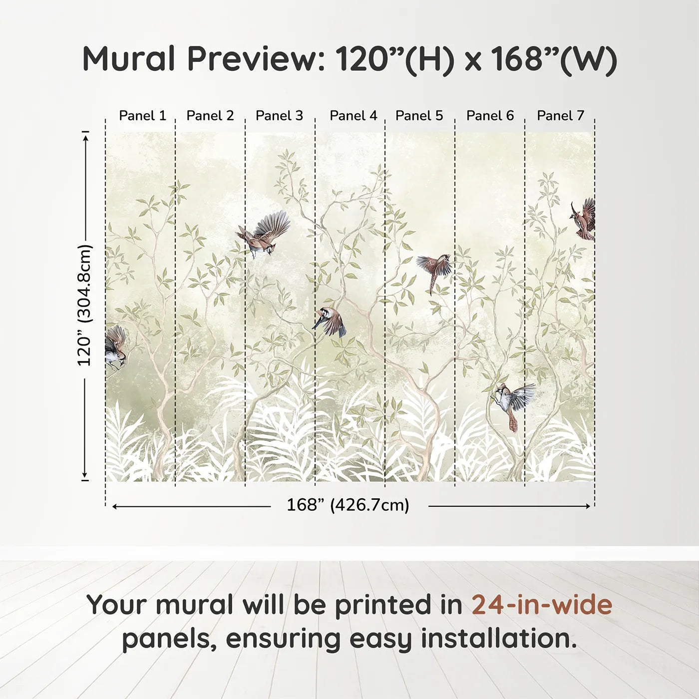Whimsy Tots Sparrow Grove Wall Muraldimension view (120" H x 168" W). Printed in seven 24-inch-wide panels. Gender-Neutral