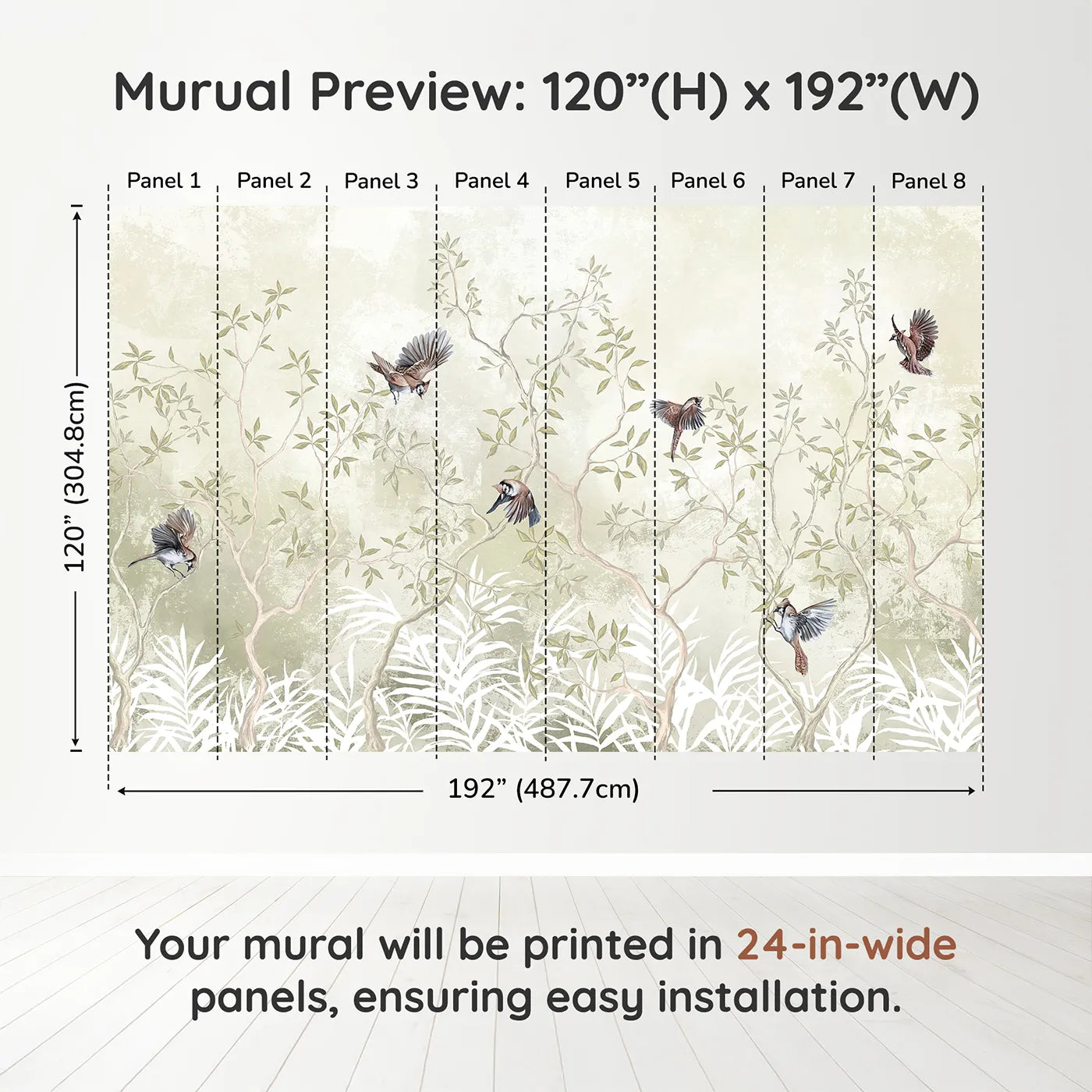 Whimsy Tots Sparrow Grove Wall Muraldimension view (120" H x 192" W). Printed in eight 24-inch-wide panels. Gender-Neutral